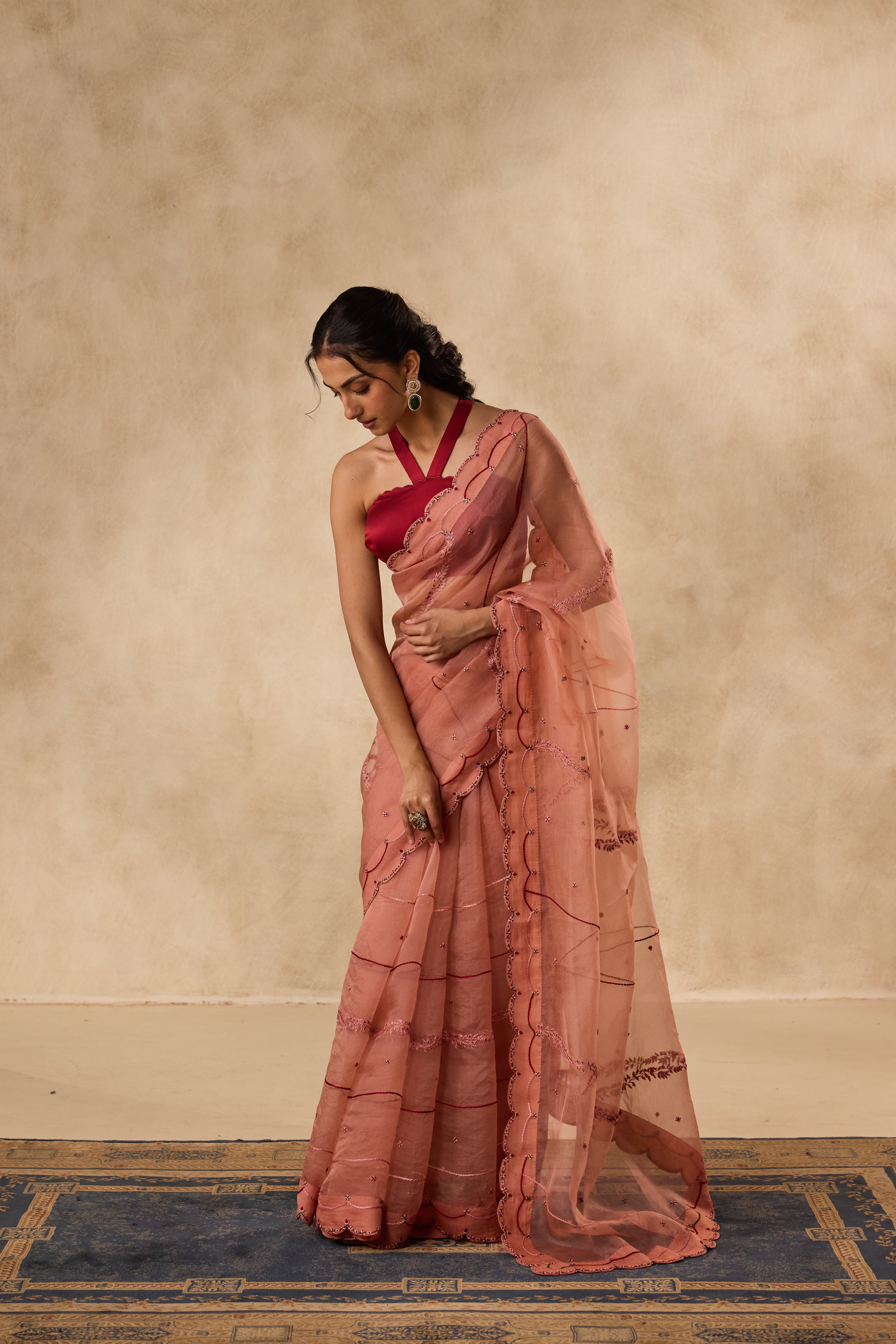PEACH ORGANZA EMBROIDERED SAREE paired WITH UNSTITCHED CHANDERI BLOUSE FABRIC