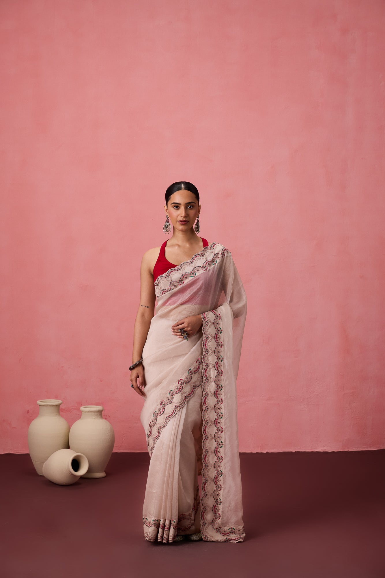 Classic white organza jaal embroidered saree comes with unstitched & unembroidered blouse fabric in chanderi