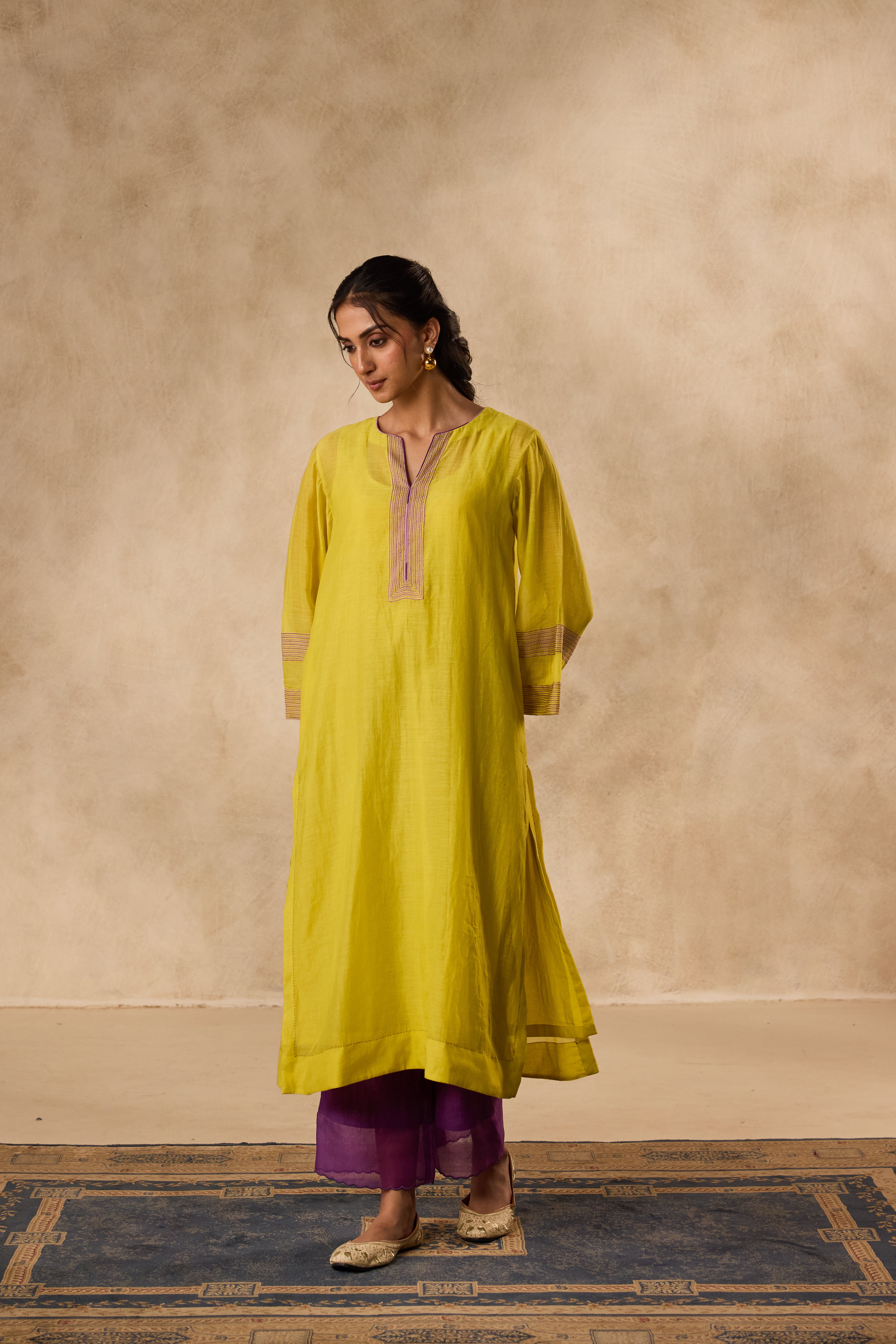 Lime yellow & Purple chanderi resham embroidered tunic paired with organic cotton slip and pant