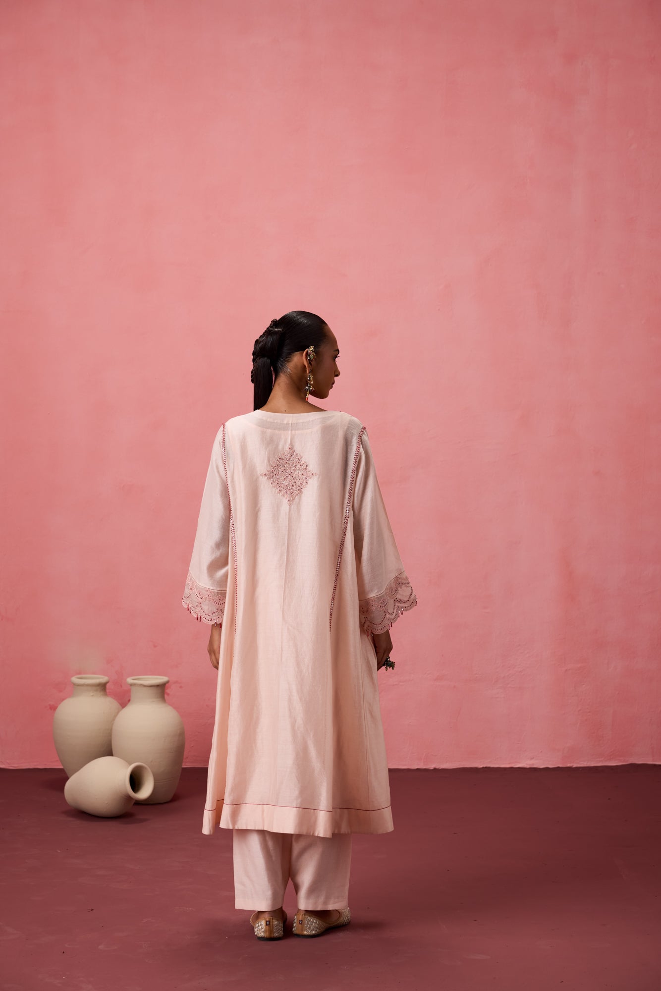 Cozy peach chanderi dori work  and resham embroidered kurta paired with organic cotton slip, pant & organza dupatta