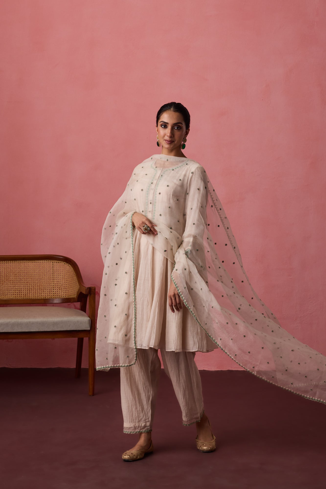 Ivory chanderi dori-Cross stitch embroidered anarkali with matching pants & organza dupatta