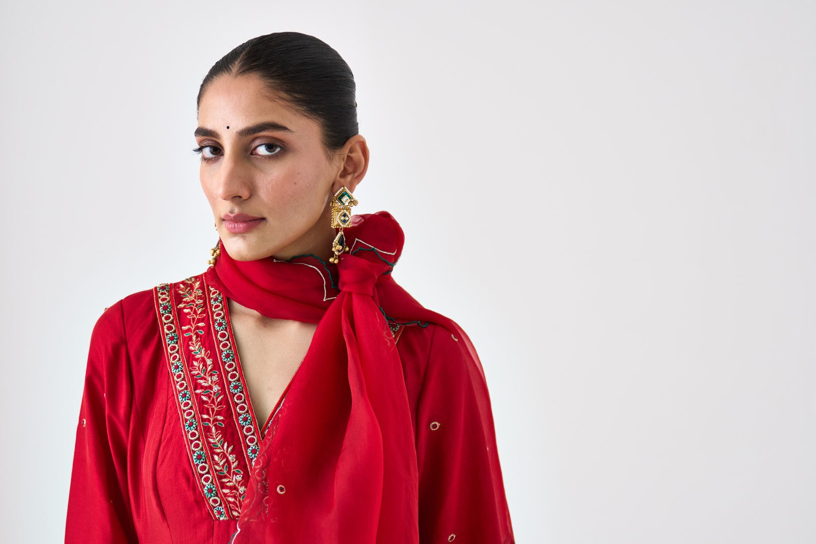 Maroon Dupion Silk Embroidered V Neck Anarkali paired with pant & organza dupatta (03 PCS.)