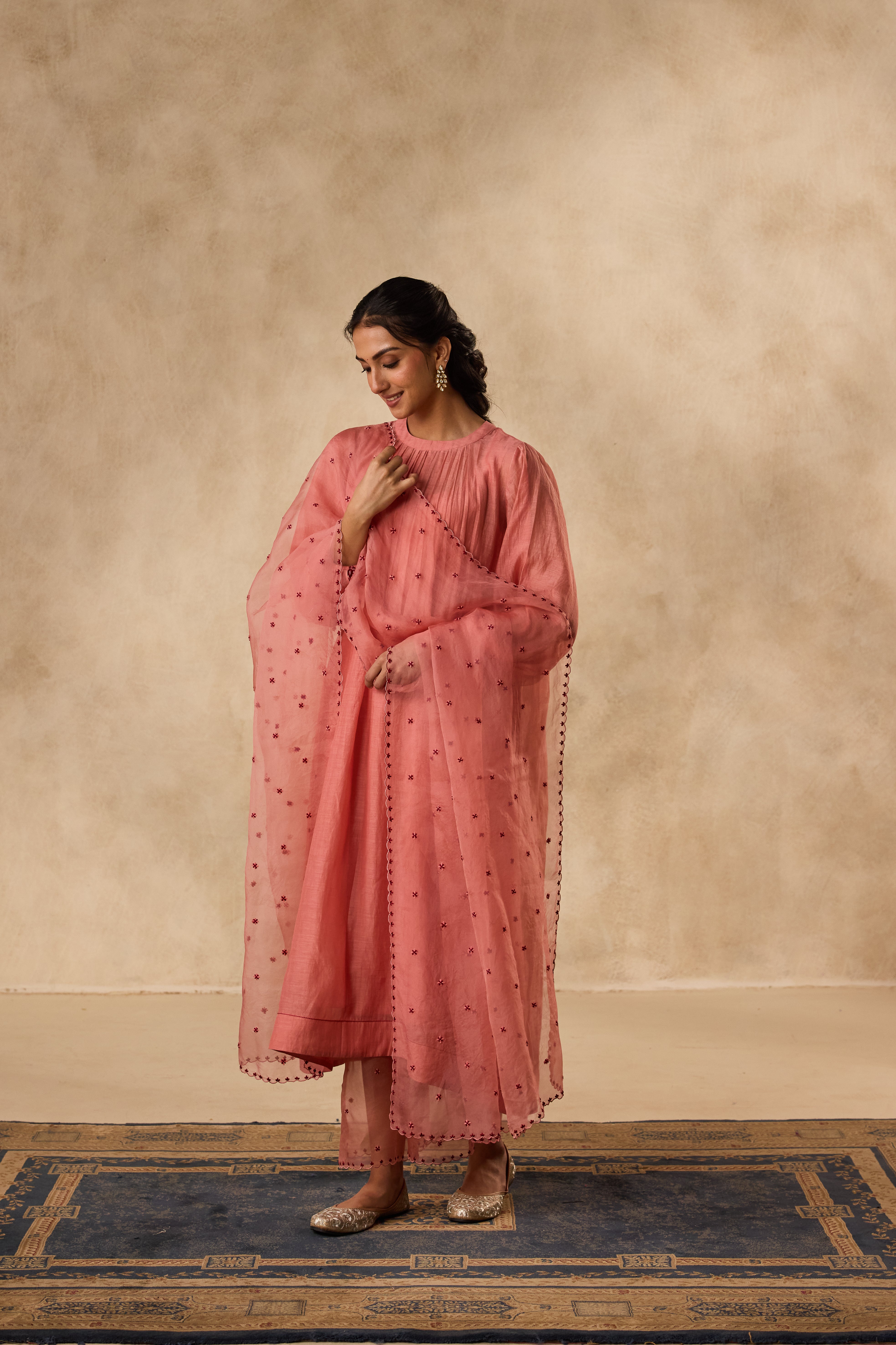 PEACH CHANDERI CROSS STICH EMBROIDERED TUNIC PAIRED WITH ORGANIC COTTON SLIP & MATCHING PANT & ORGANZA DUPATTA