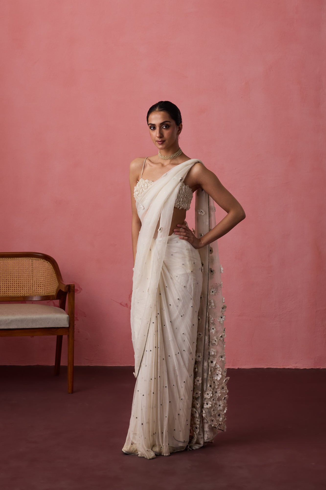 White soft net & organza blooming flower embroidered saree paired with unstitched & unembroidered soft net fabric
