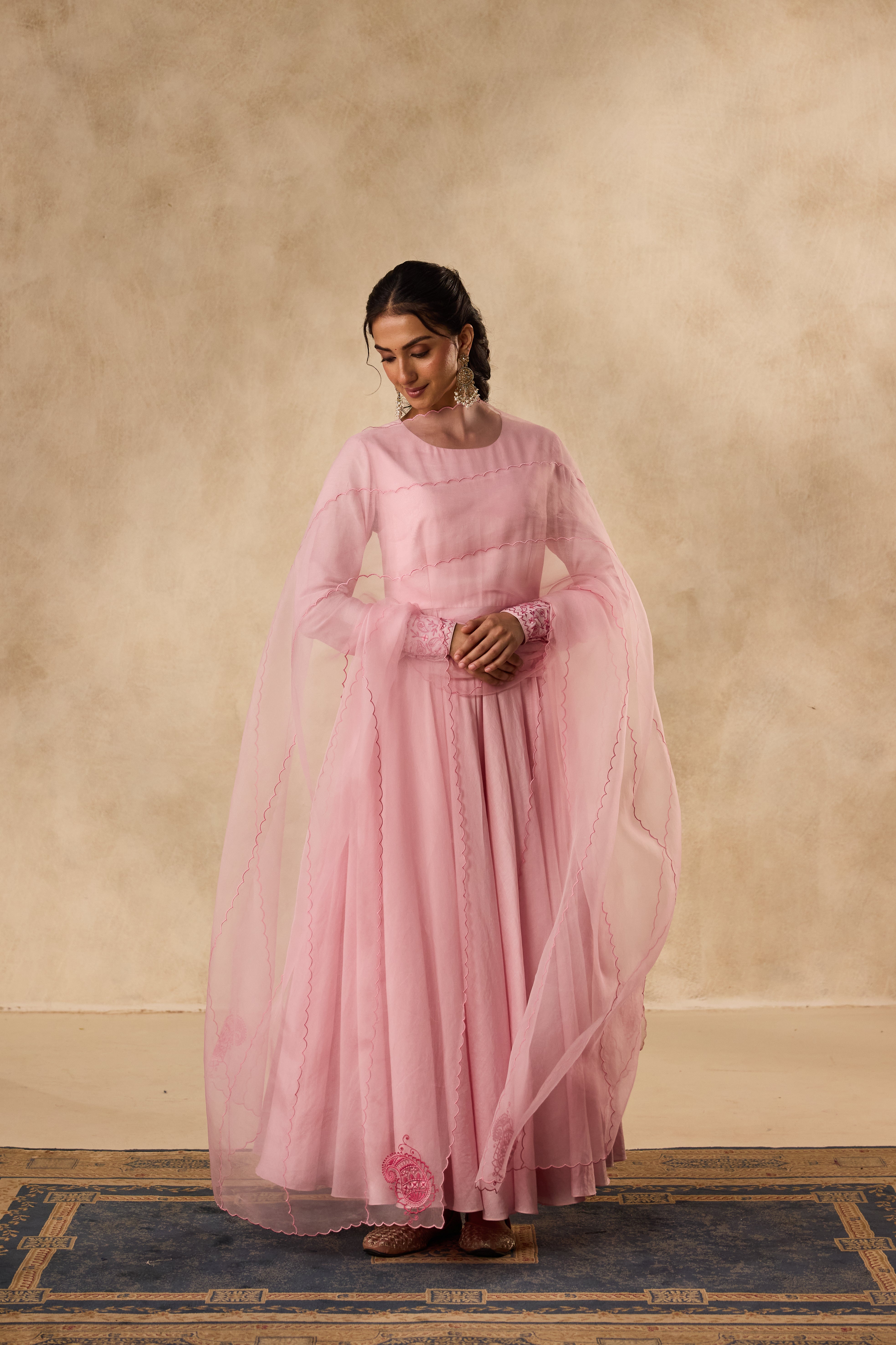 PINK COTTON SILK EMBROIDERED ANARKALI PAIRED WITH PANT & ORGANZA DUPATTA