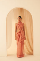 Peach organza thread zardozi hand embroidered saree