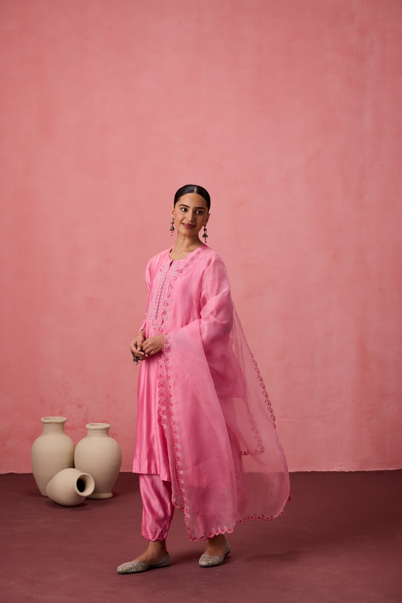 Pink chanderi dori work and resham embroidered kurta paired with organic cotton slip, Salwar & organza dupatta