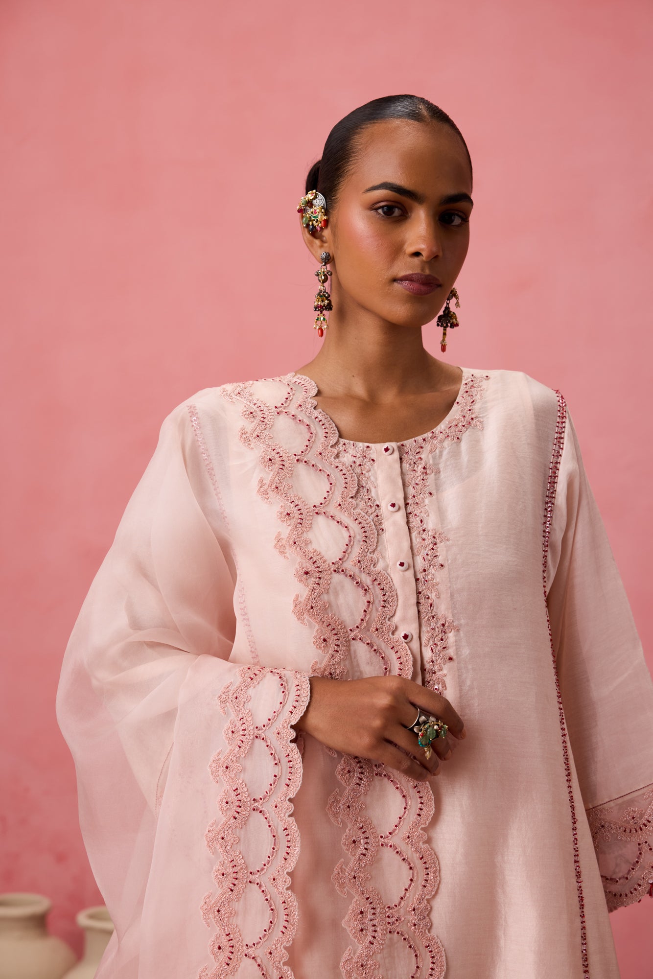Cozy peach chanderi dori work  and resham embroidered kurta paired with organic cotton slip, pant & organza dupatta