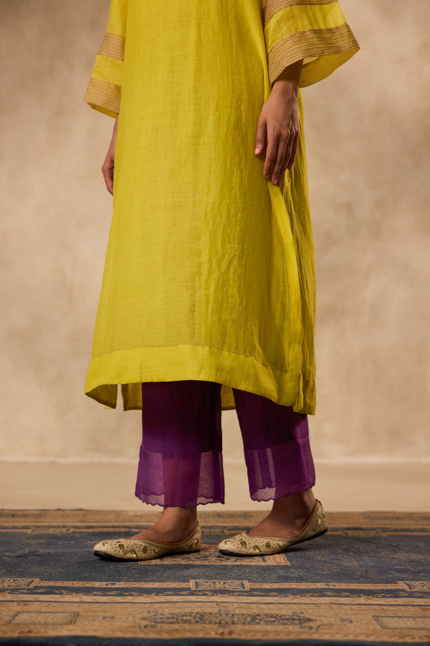 Lime yellow & Purple chanderi resham embroidered tunic paired with organic cotton slip and pant