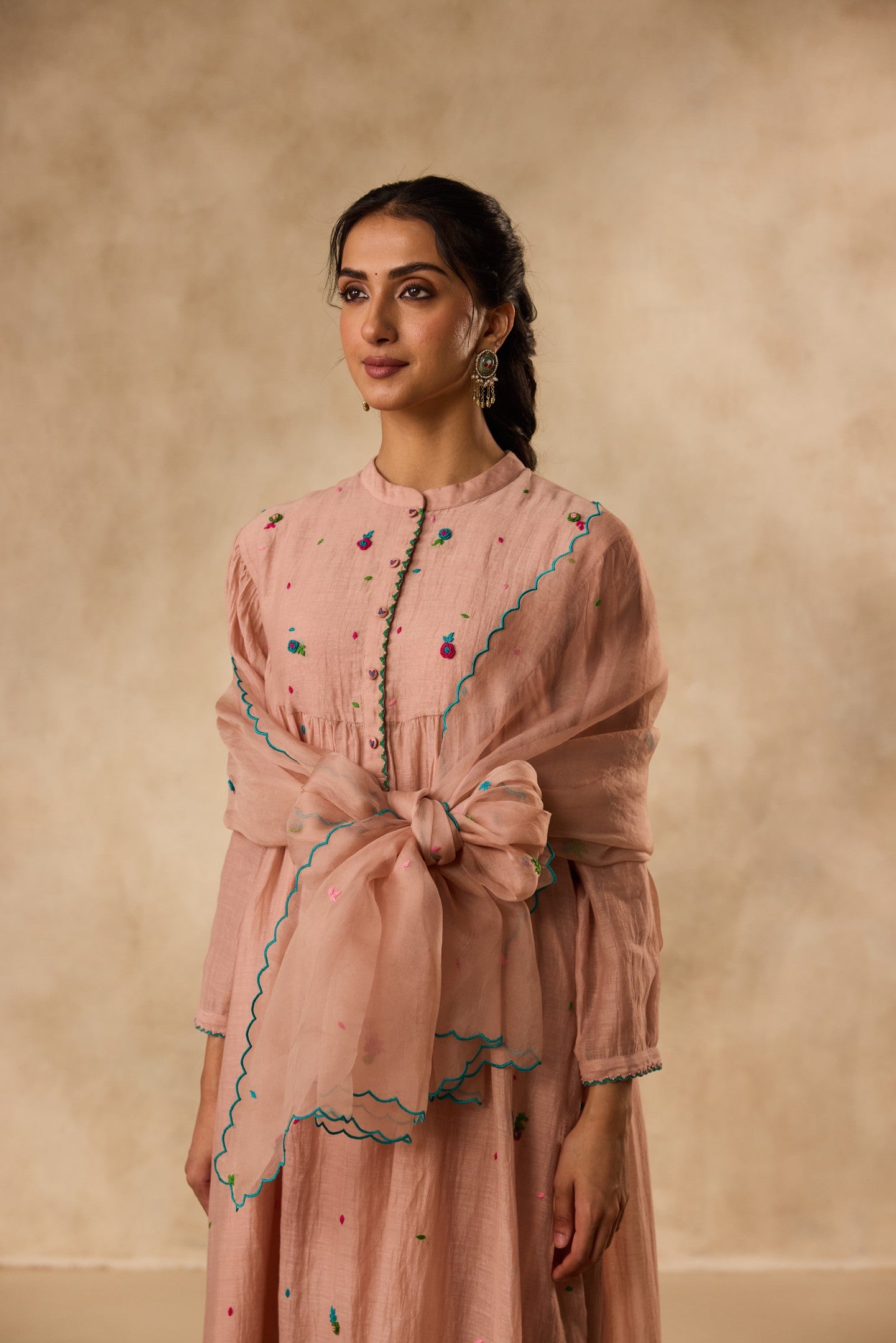 Rose gold chanderi bullion work embroidered kurta with organic cotton slip paired with pant & organza dupatta