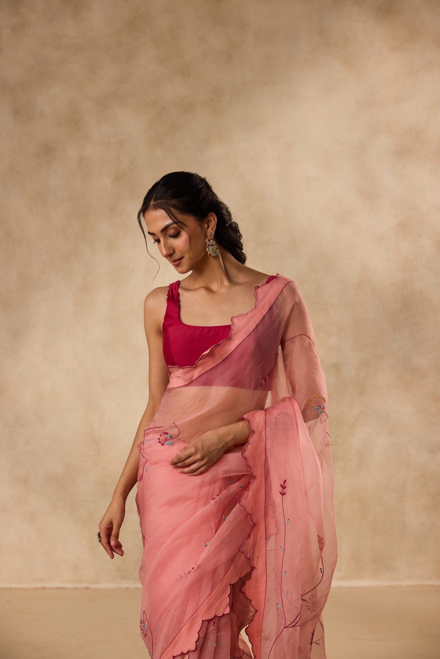 PEACH ORGANZA EMBROIDERED SAREE paired WITH UNSTITCHED CHANDERI BLOUSE FABRIC