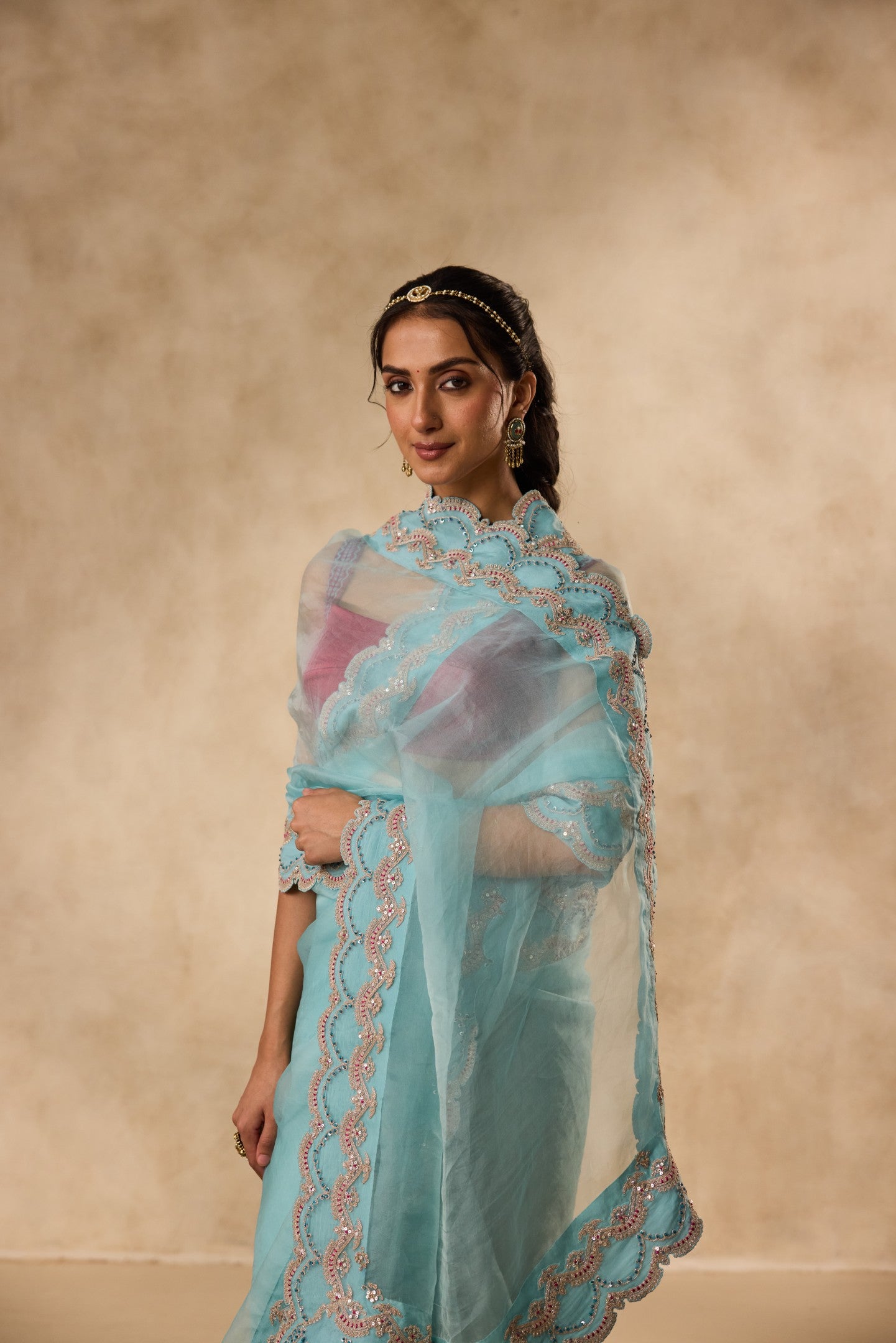 Sky blue dori & sequins embroidered border organza saree  paired with unstitched & unembroidered blouse fabric