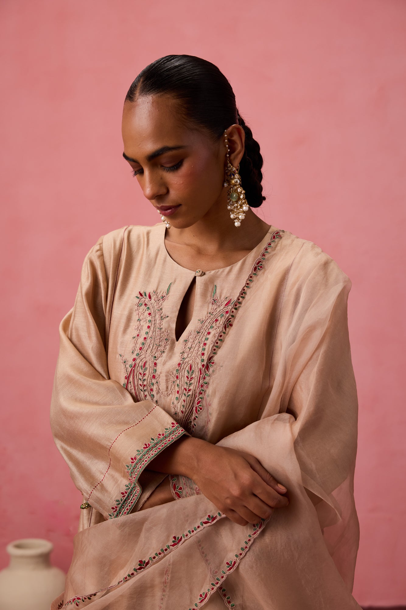 Champagne chanderi dori work  and resham embroidered kurta paired with pant & organza dupatta