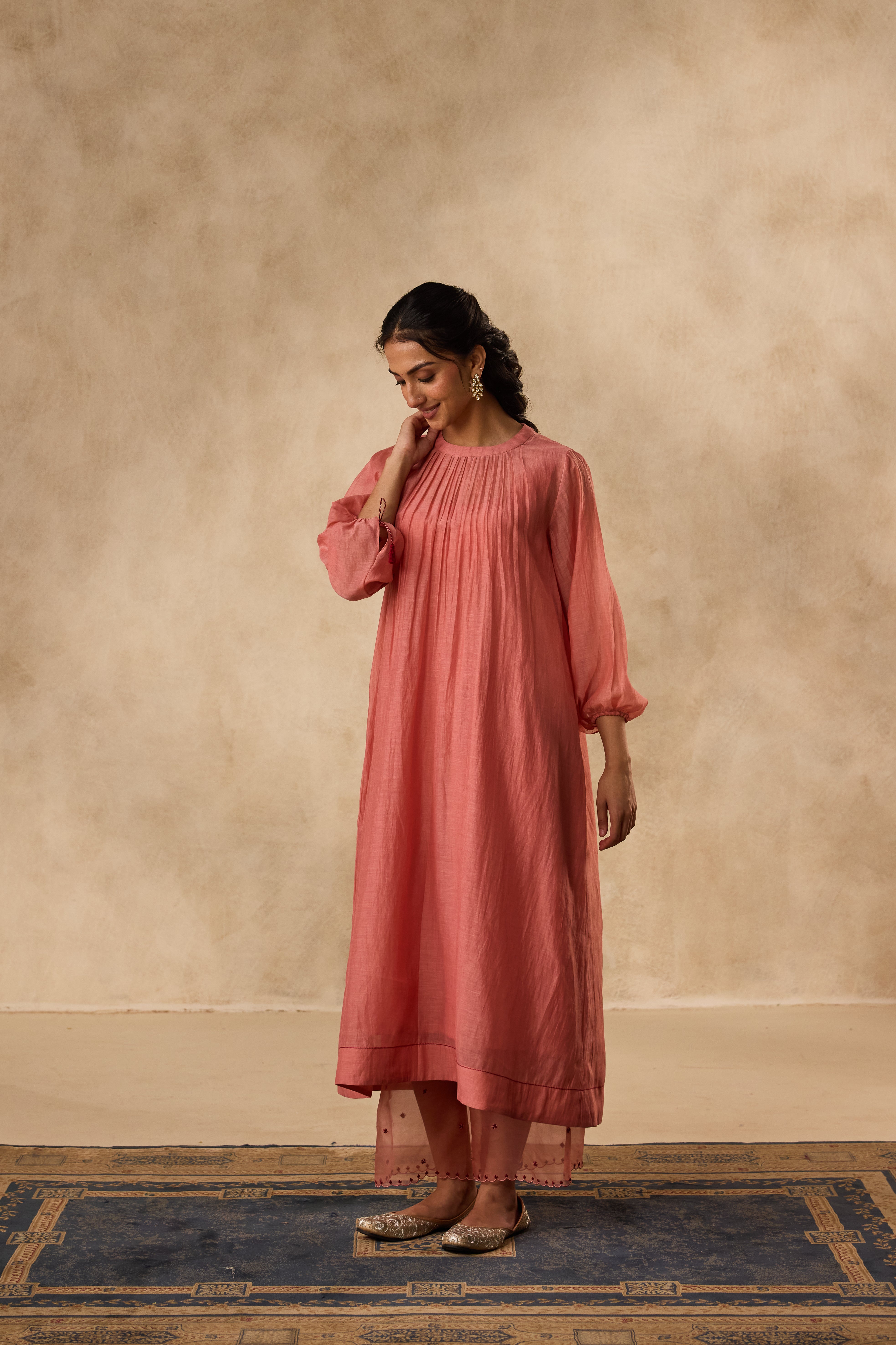 PEACH CHANDERI CROSS STICH EMBROIDERED TUNIC PAIRED WITH ORGANIC COTTON SLIP & MATCHING PANT & ORGANZA DUPATTA