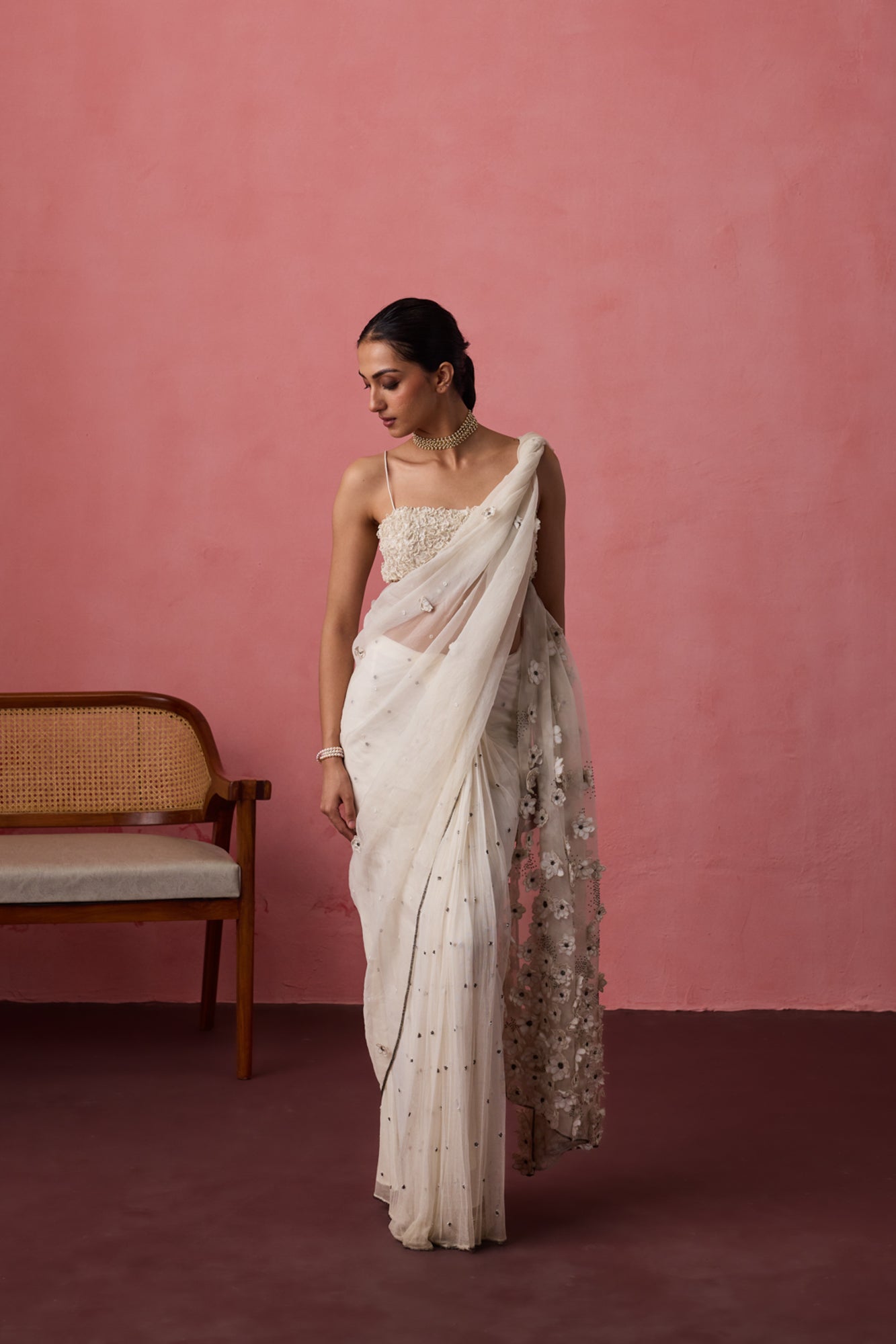 White soft net & organza blooming flower embroidered saree paired with unstitched & unembroidered soft net fabric