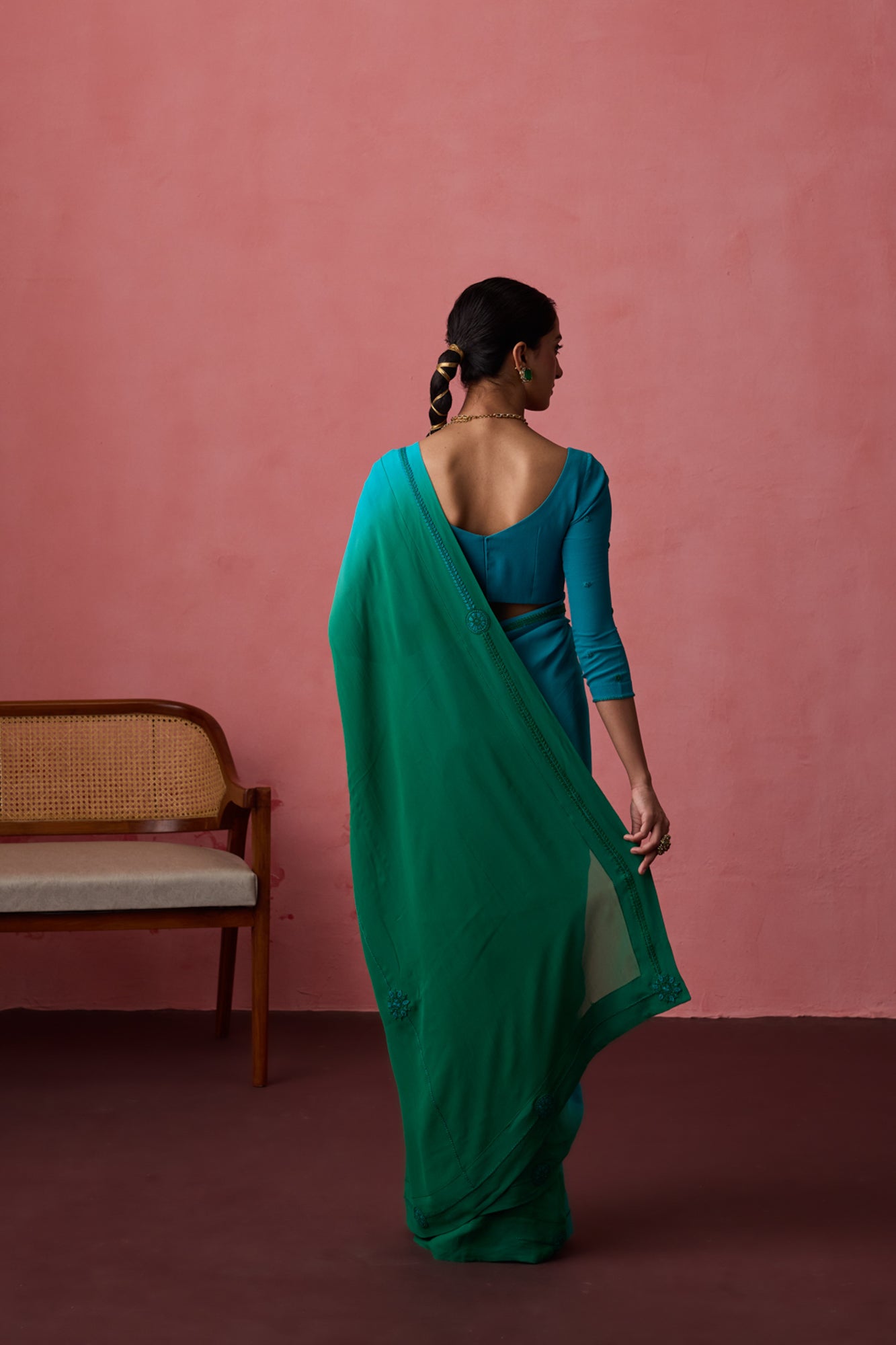 Turquoise ombre georgette embroidered saree paired with unstitched & unembroidered blouse fabric