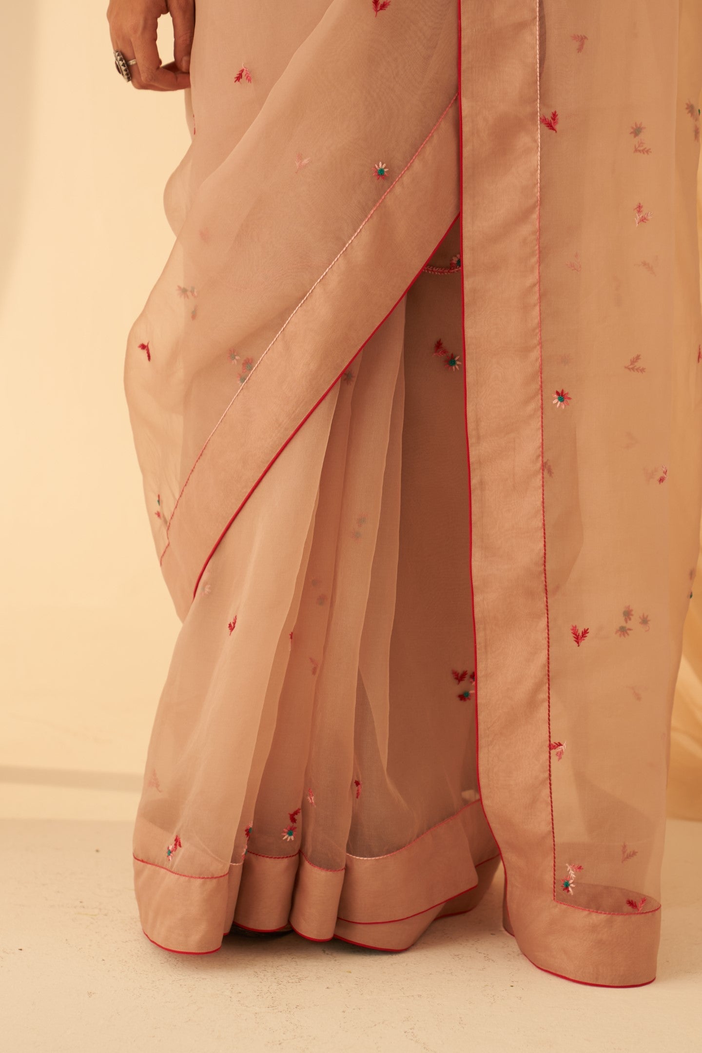 Light rose gold organza aari handwork embroidered saree