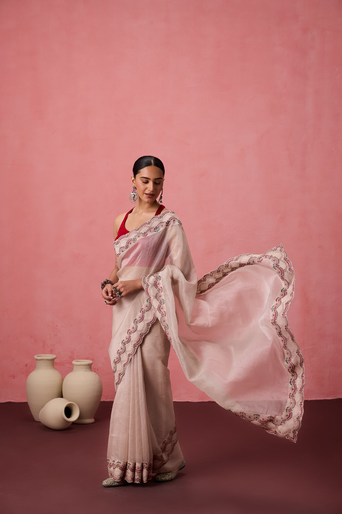 Classic white organza jaal embroidered saree comes with unstitched & unembroidered blouse fabric in chanderi