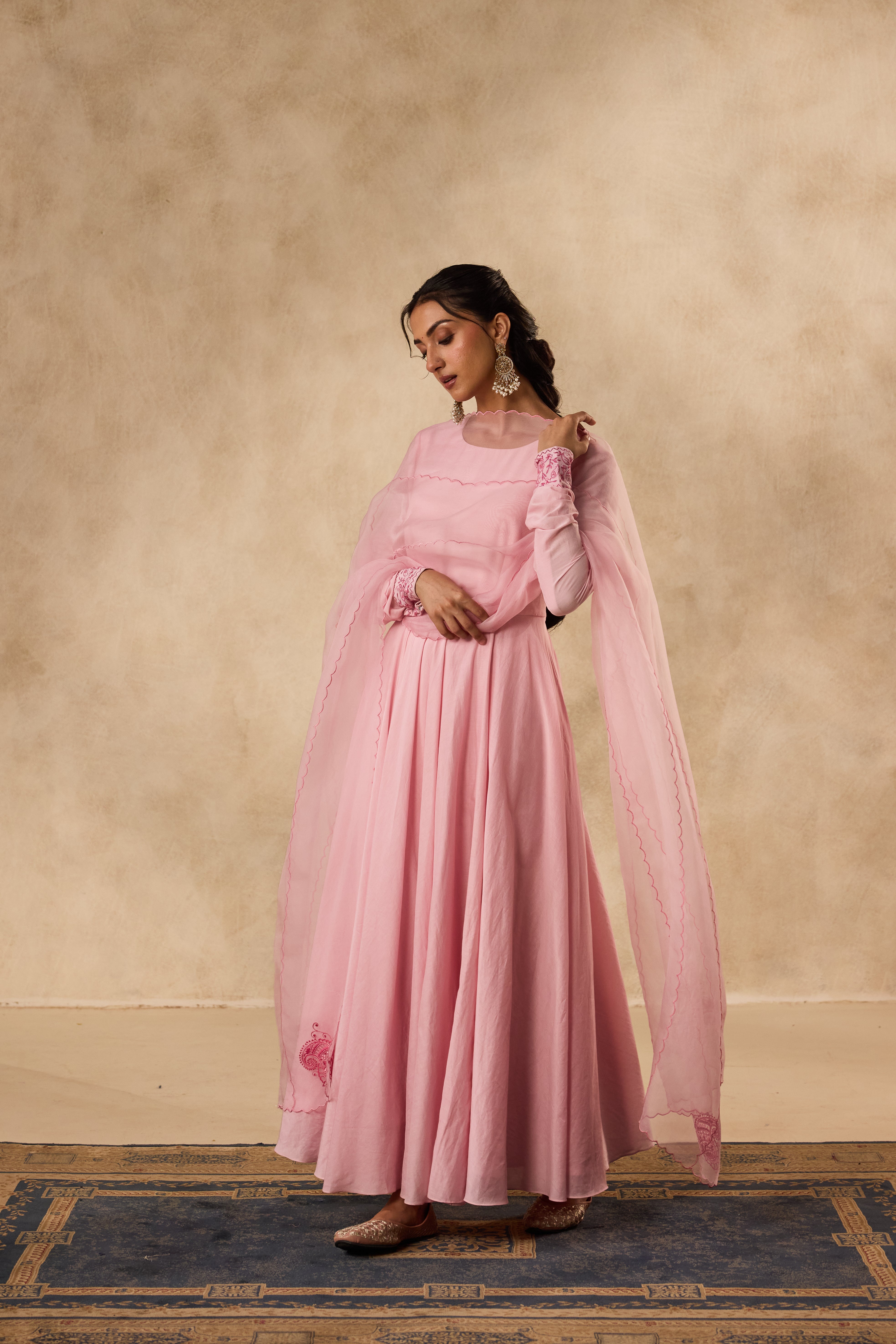 PINK COTTON SILK EMBROIDERED ANARKALI PAIRED WITH PANT & ORGANZA DUPATTA