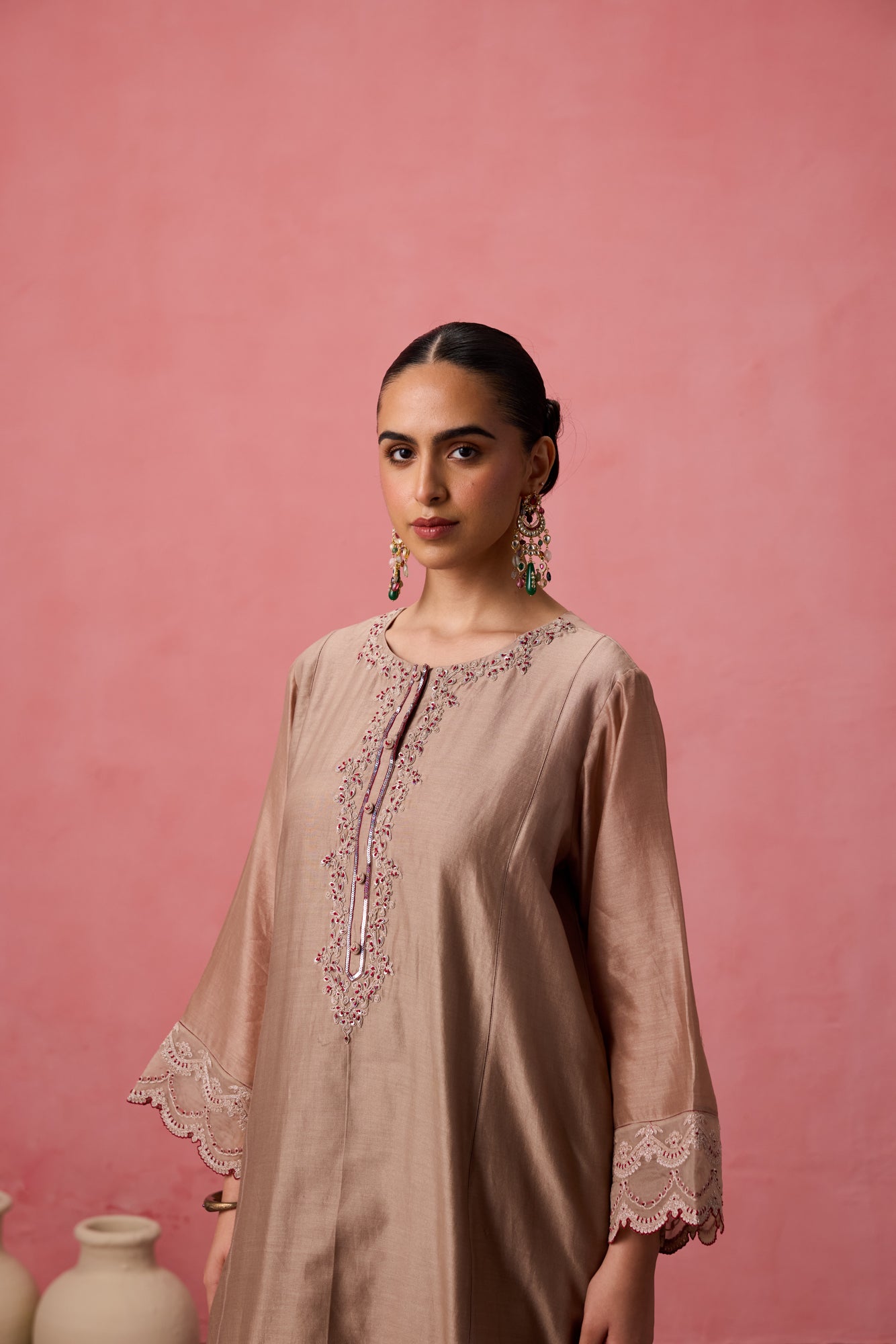 Champagne chanderi dori work  and resham embroidered kurta paired with pant & organza dupatta