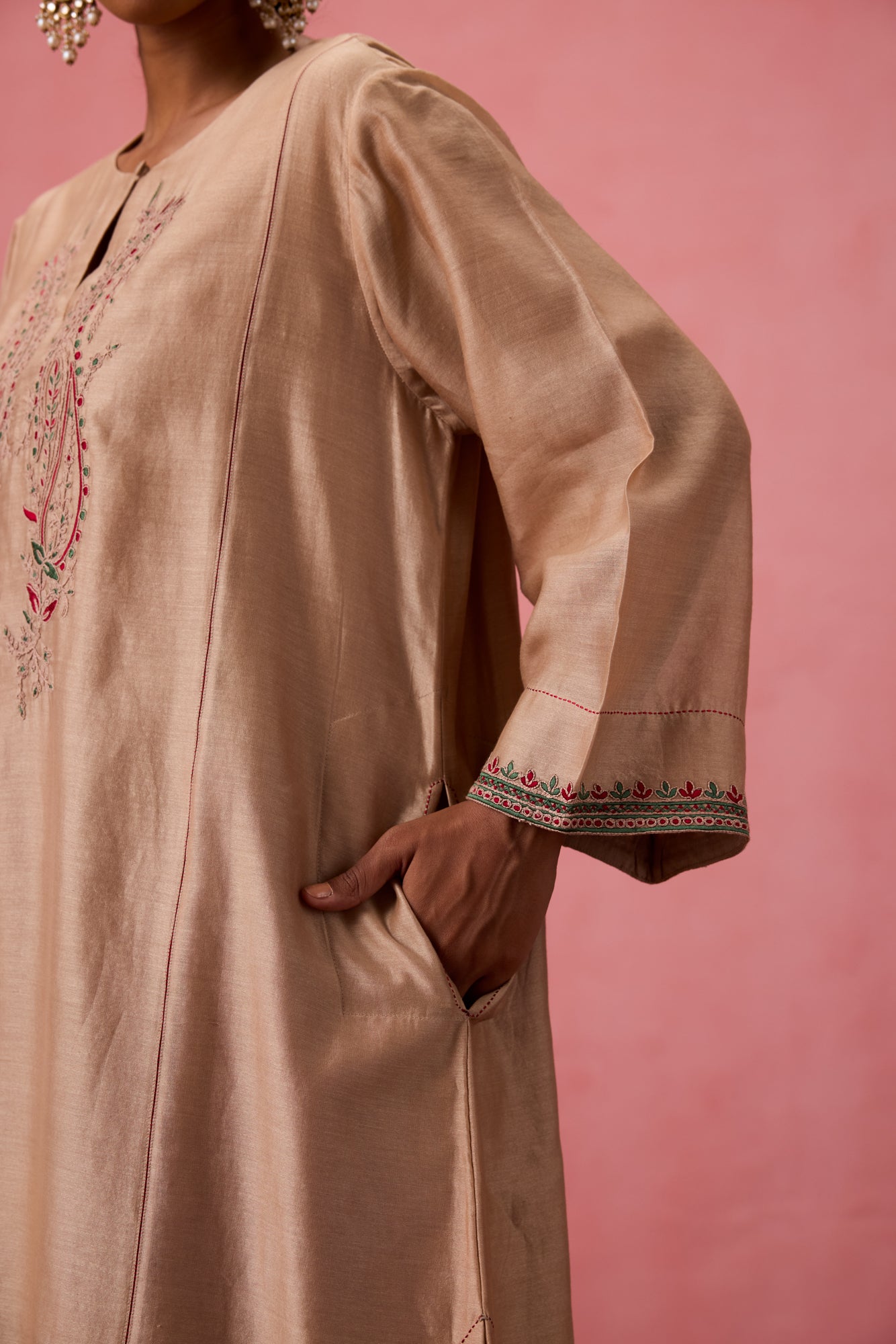 Champagne chanderi dori work  and resham embroidered kurta paired with pant & organza dupatta