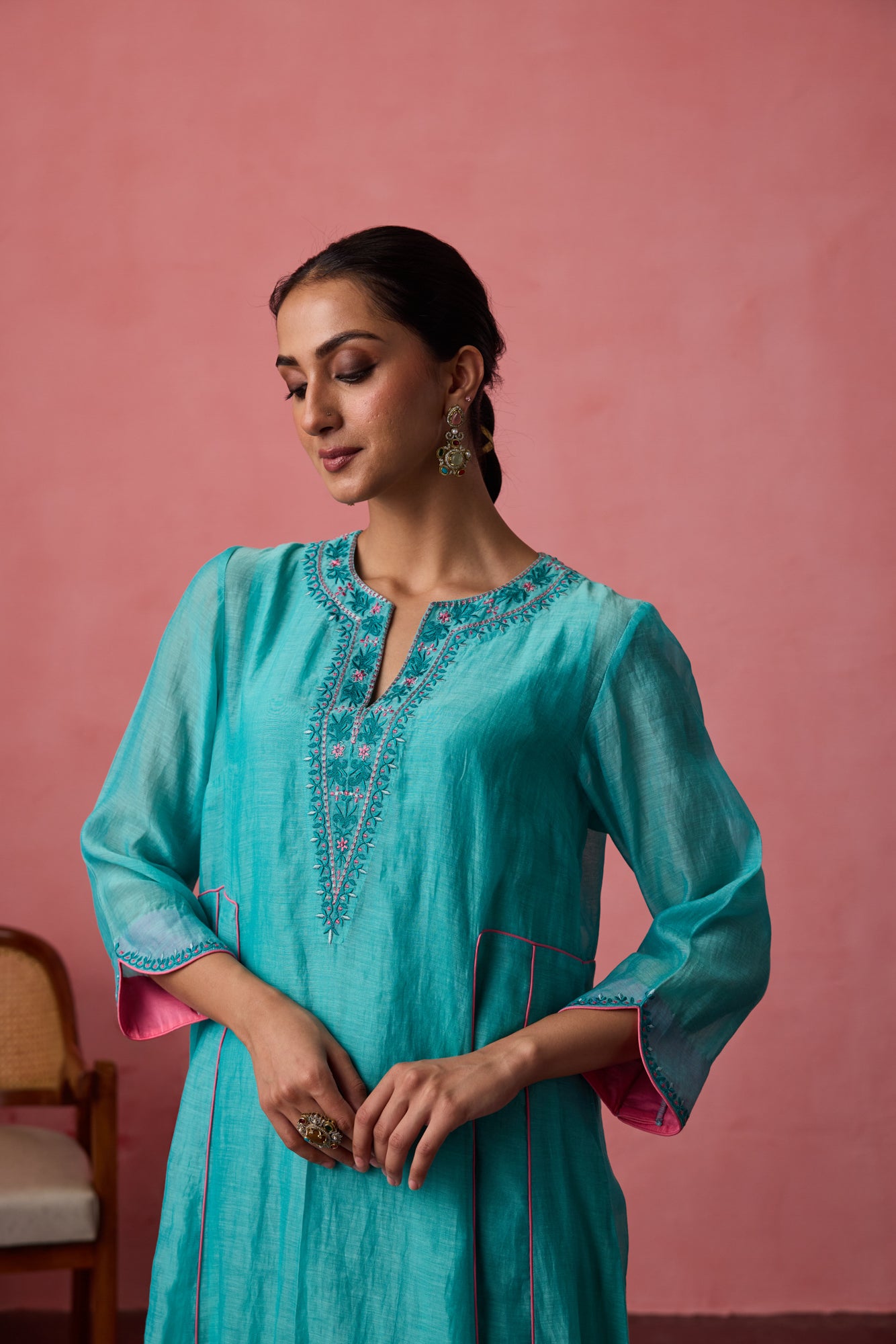 Sky blue - Pink embroidered chanderi kurta paired with pants & organza heavy border dupatta