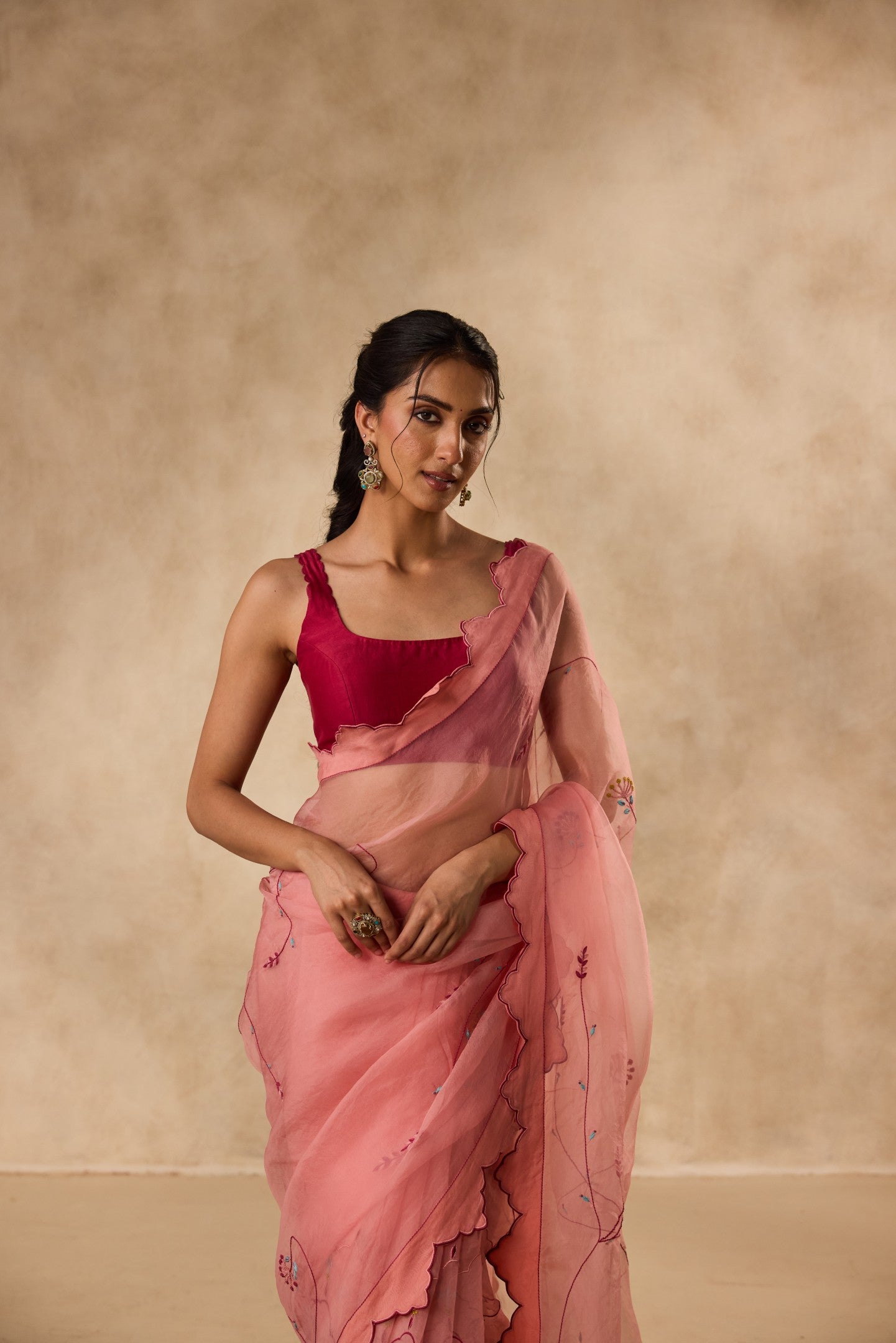PEACH ORGANZA EMBROIDERED SAREE paired WITH UNSTITCHED CHANDERI BLOUSE FABRIC