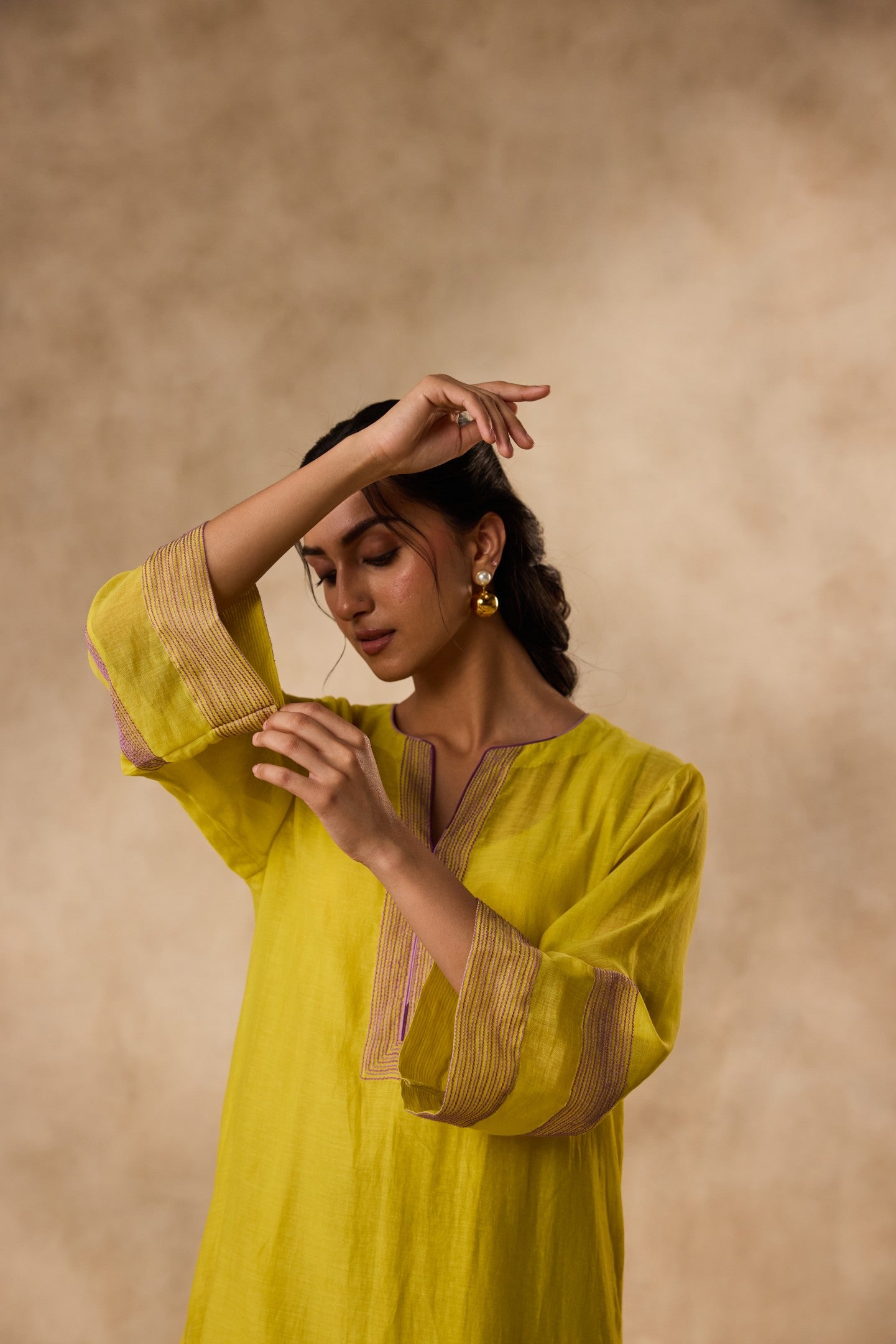 Lime yellow & Purple chanderi resham embroidered tunic paired with organic cotton slip and pant
