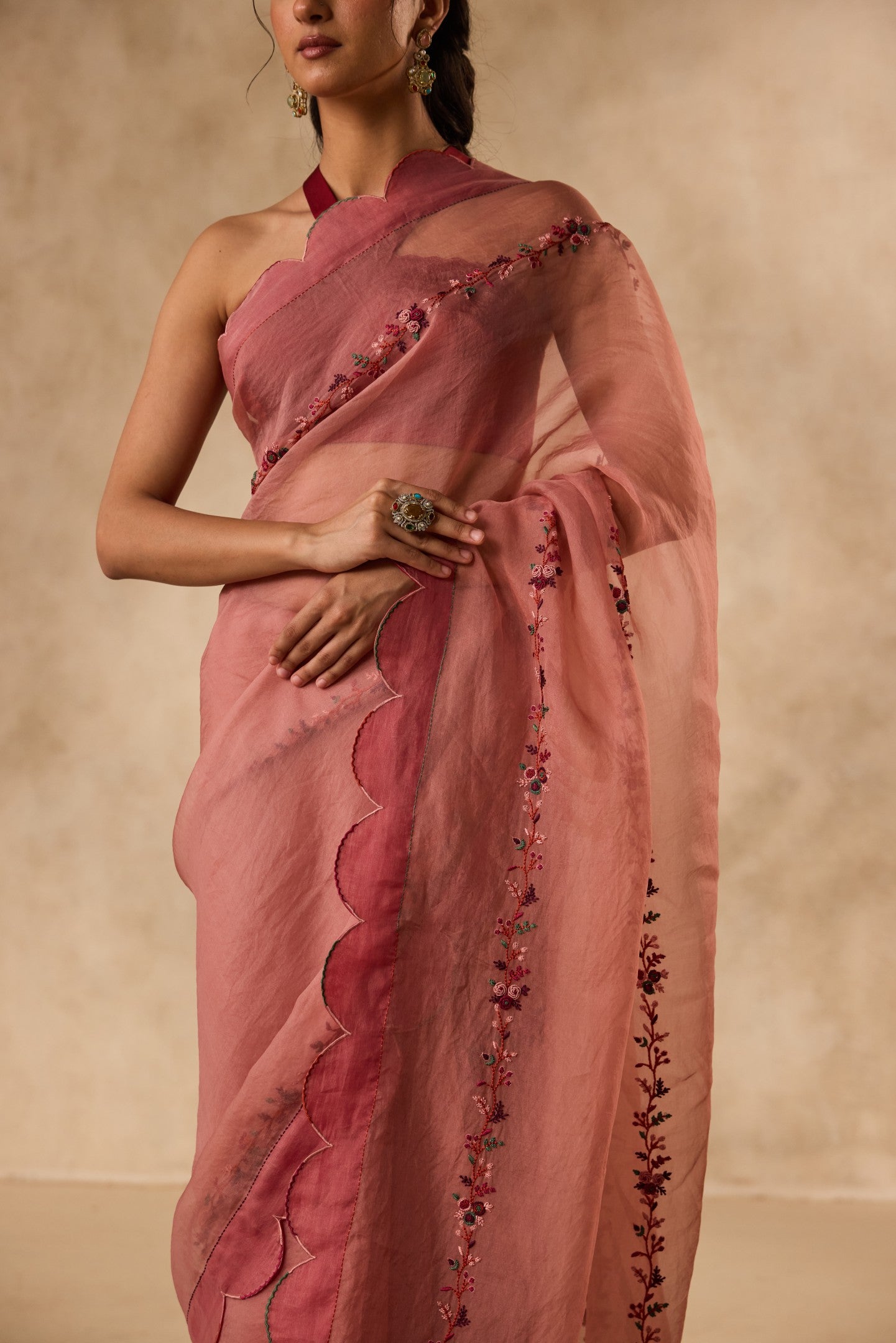 PEACH ORGANZA SPRING FLOWER, EMBROIDERED & SCALLOP SAREE paired WITH UNSTITCHED CHANDERI BLOUSE FABRIC
