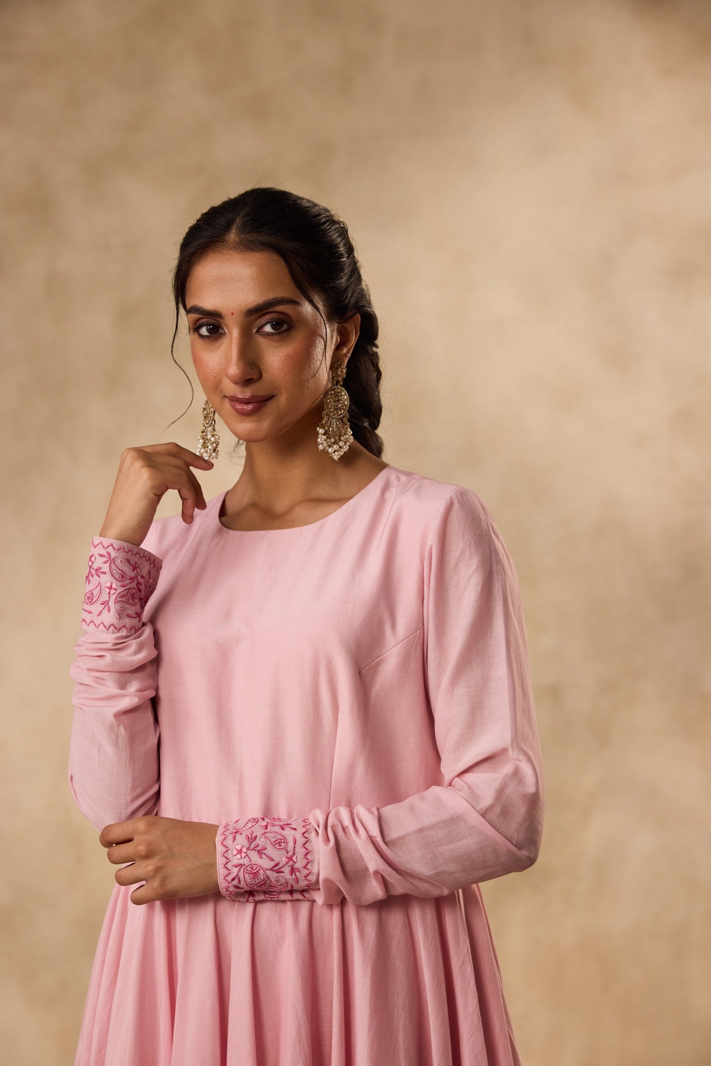 PINK COTTON SILK EMBROIDERED ANARKALI PAIRED WITH PANT & ORGANZA DUPATTA
