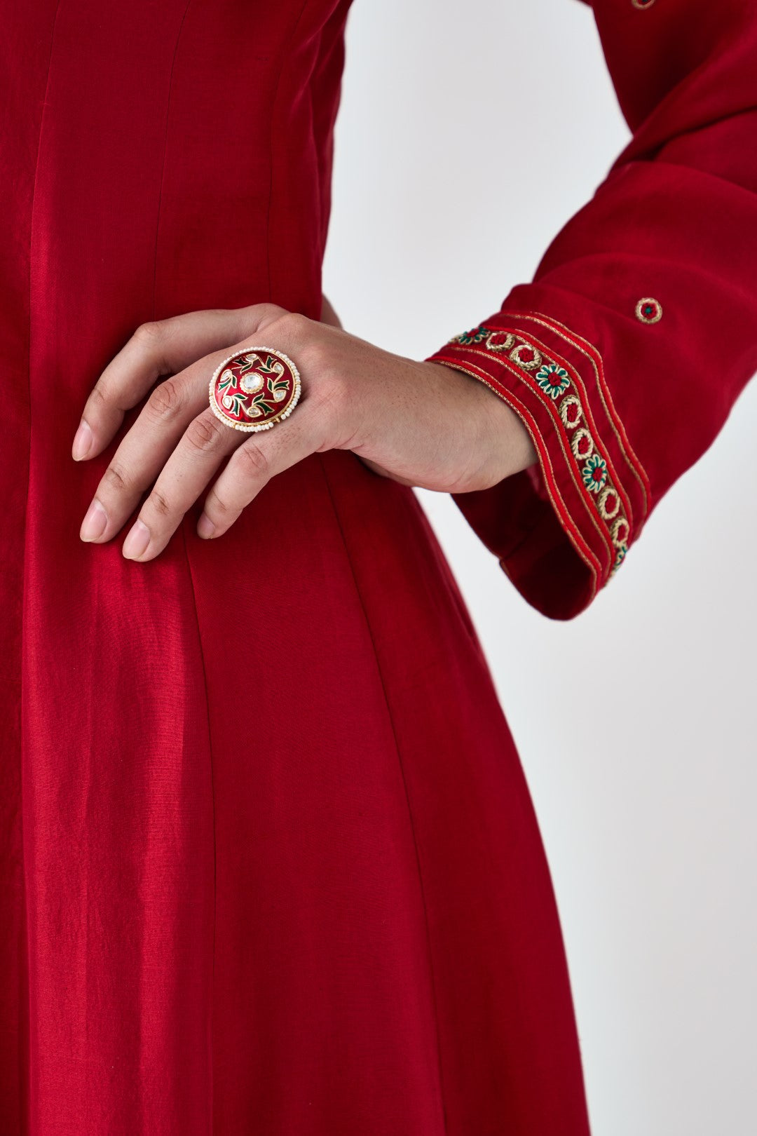 Maroon Dupion Silk Embroidered V Neck Anarkali paired with pant & organza dupatta (03 PCS.)