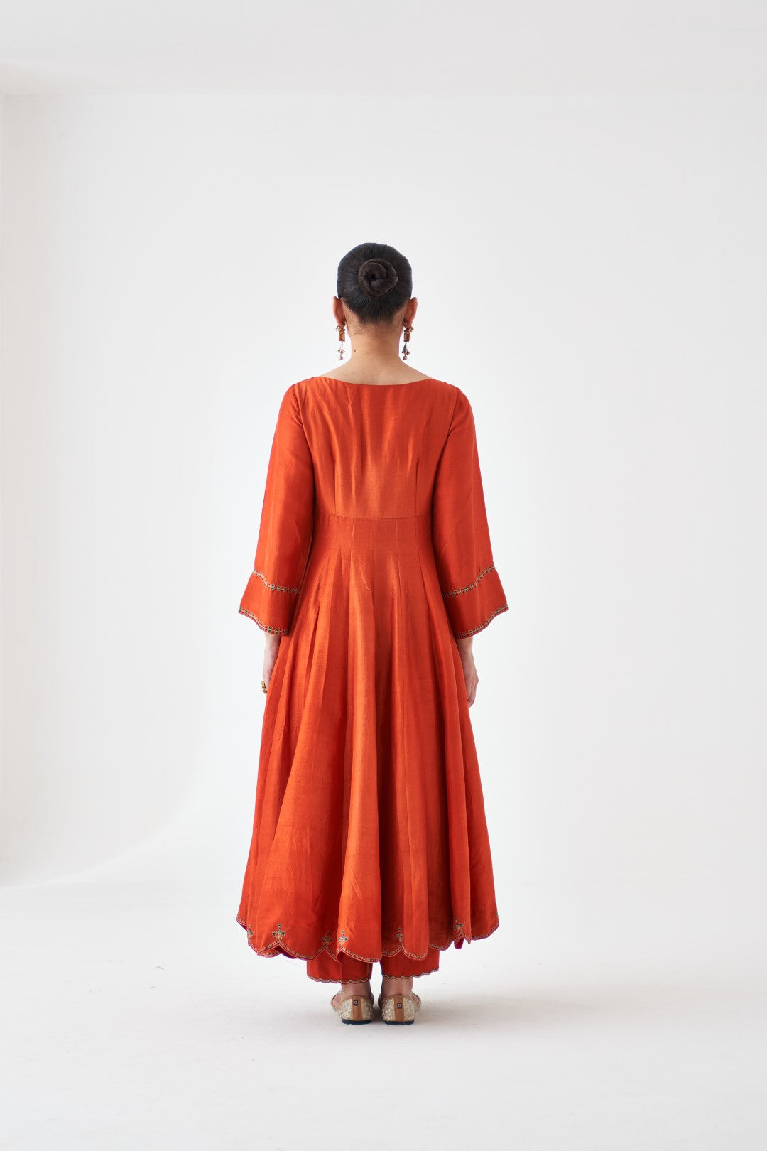 Rust Cotton Silk Embroidered Anarkali paired with pant and organza dupatta (03 Pcs.)