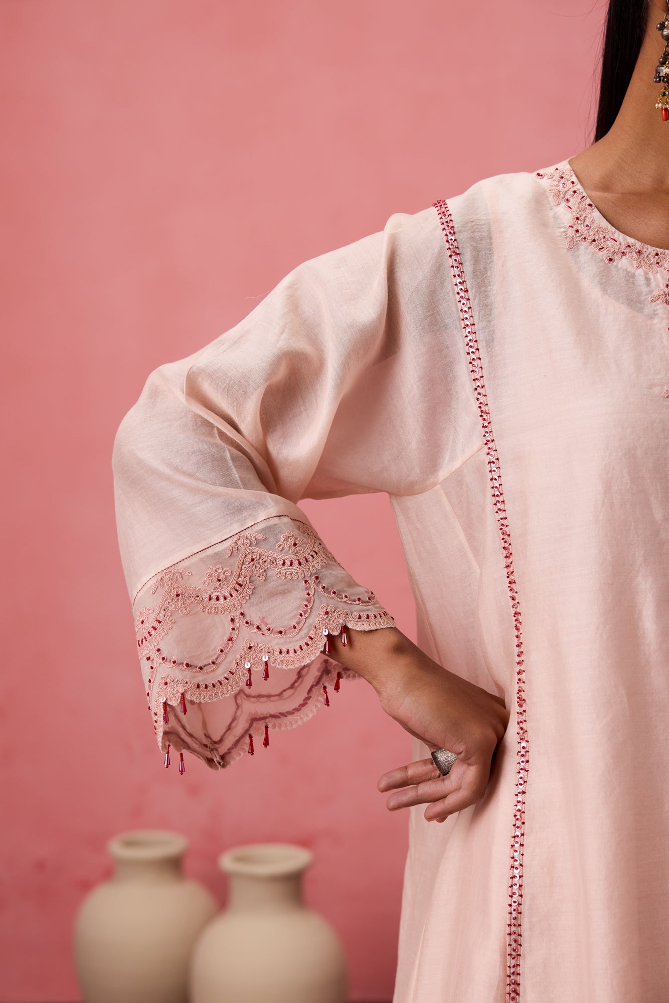 Cozy peach chanderi dori work  and resham embroidered kurta paired with organic cotton slip, pant & organza dupatta