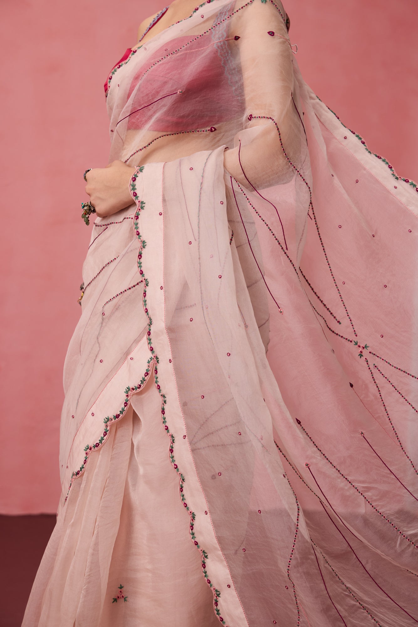 Cozy pink organza bullion & kaatha work embroidered saree comes with unstitched & unembroidered blouse fabric in chanderi