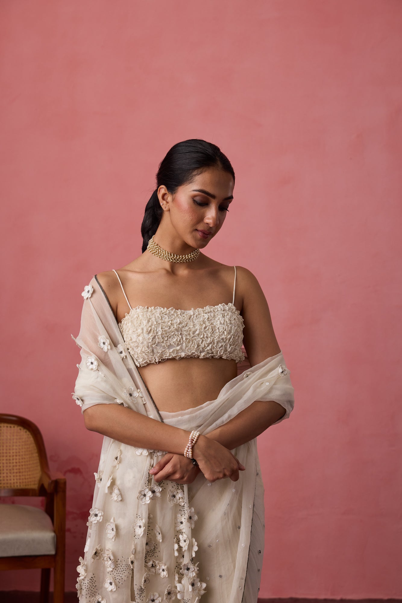 White soft net & organza blooming flower embroidered saree paired with unstitched & unembroidered soft net fabric
