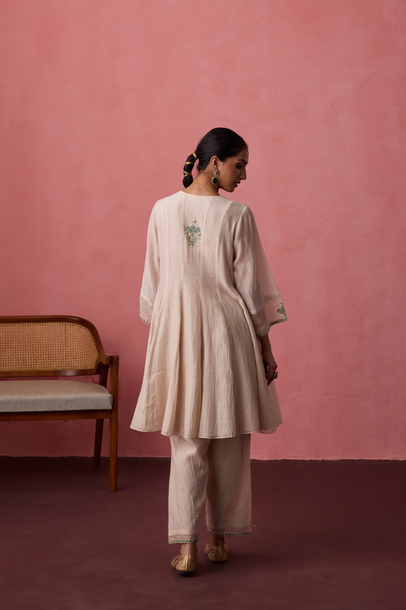 Ivory chanderi dori-Cross stitch embroidered anarkali with matching pants & organza dupatta