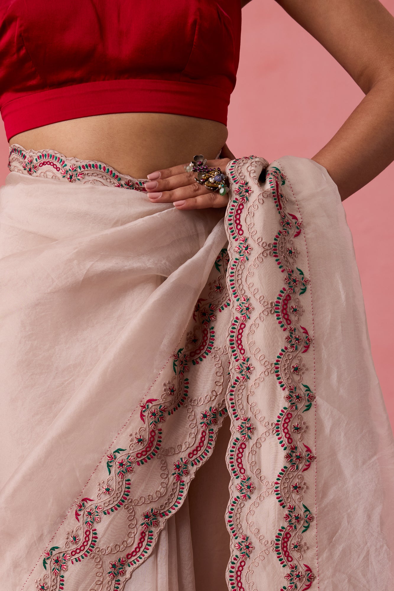 Classic white organza jaal embroidered saree comes with unstitched & unembroidered blouse fabric in chanderi