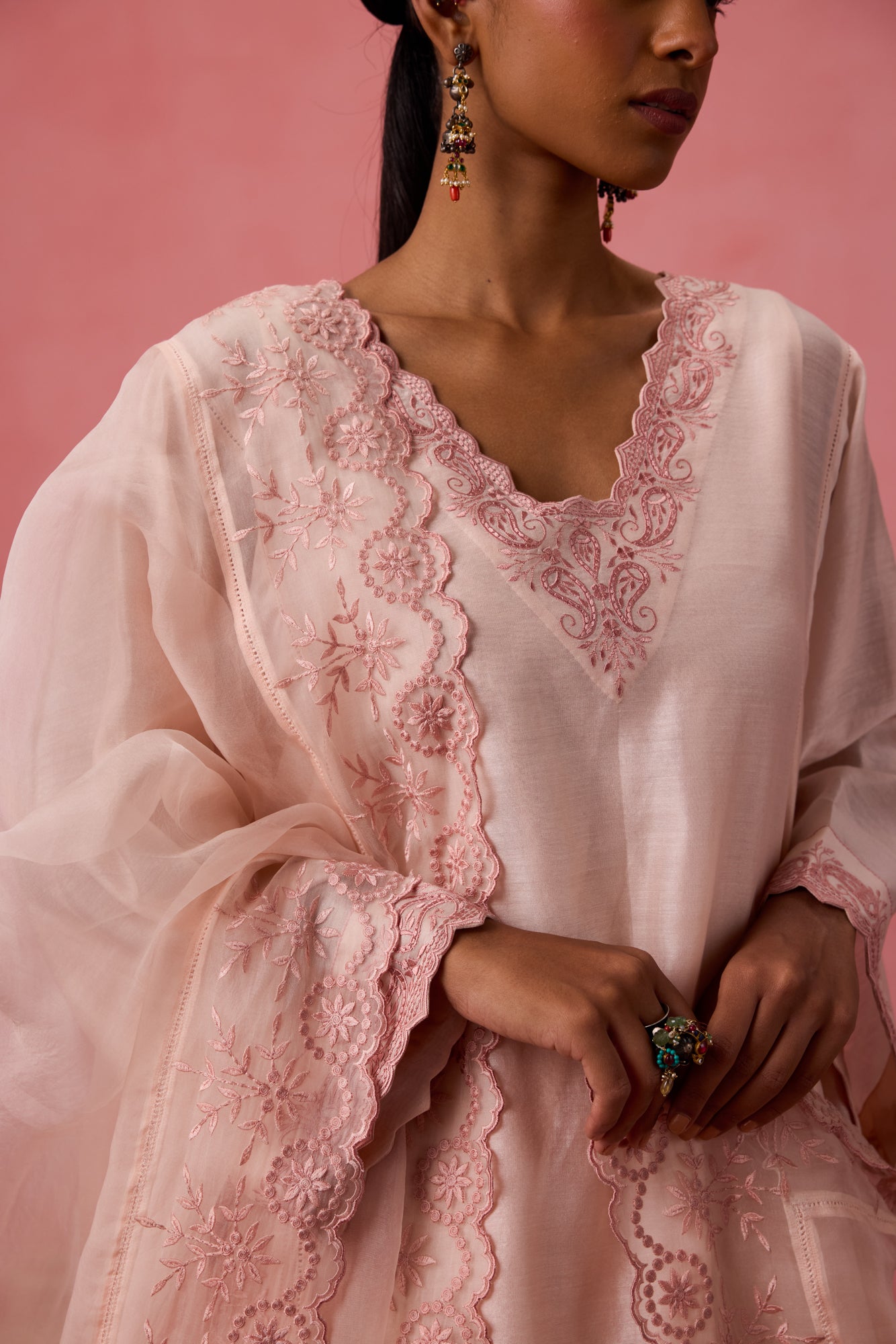 Cozy peach chanderi floral resham embroidered kurta paired with organic cotton slip, pant & organza dupatta