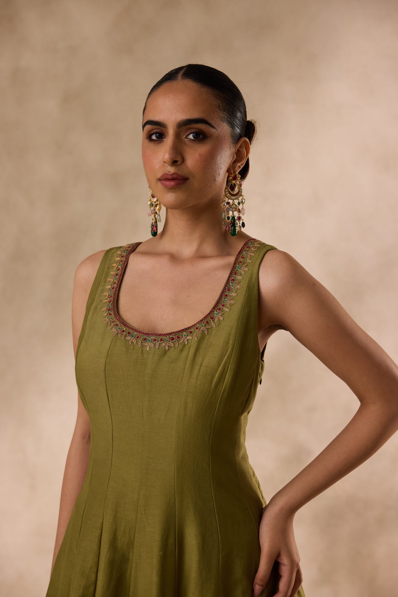 Mehendi green cotton silk  dori work and resham embroiderd anarkali paired with pant & organza heavy border dupatta