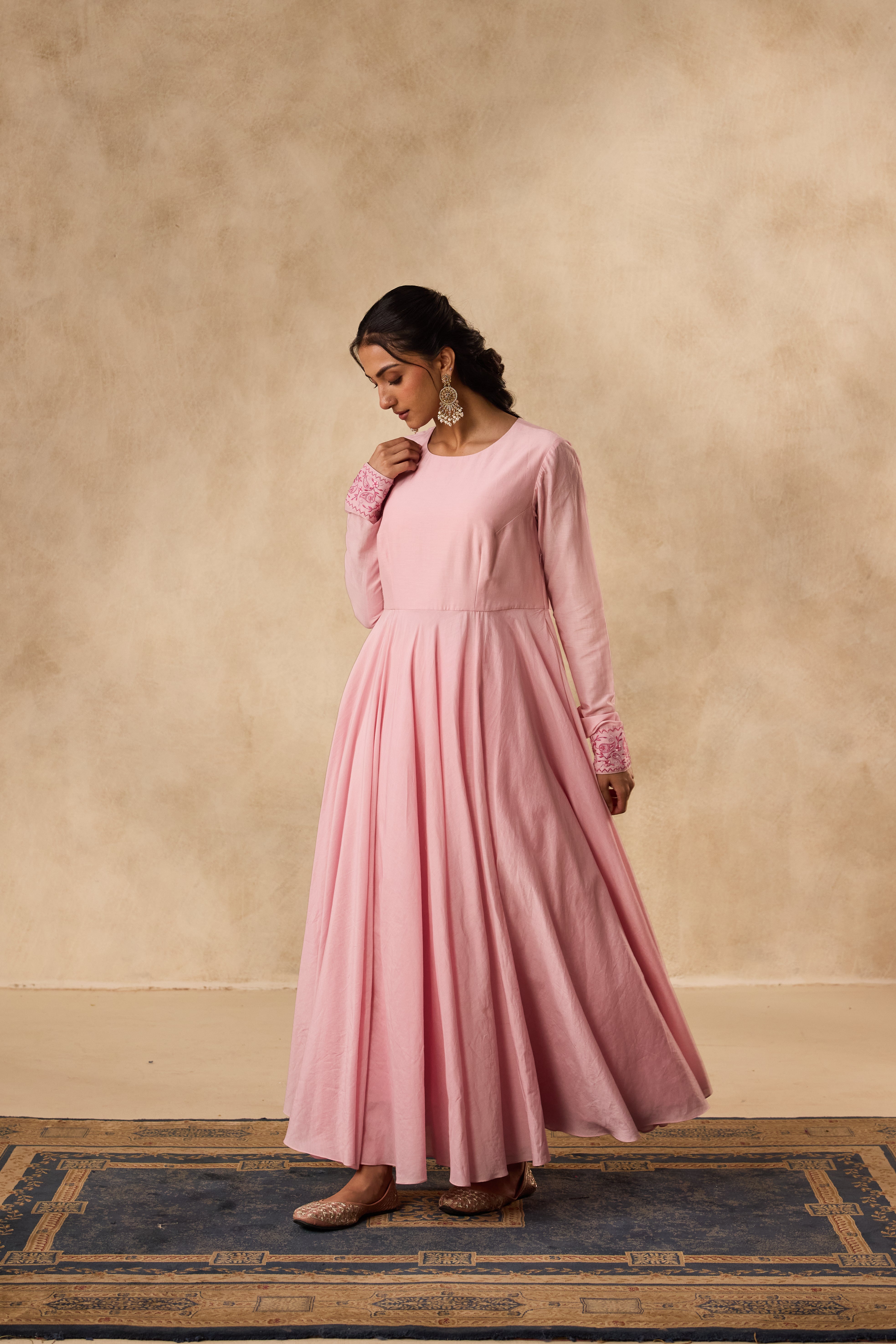 PINK COTTON SILK EMBROIDERED ANARKALI PAIRED WITH PANT & ORGANZA DUPATTA