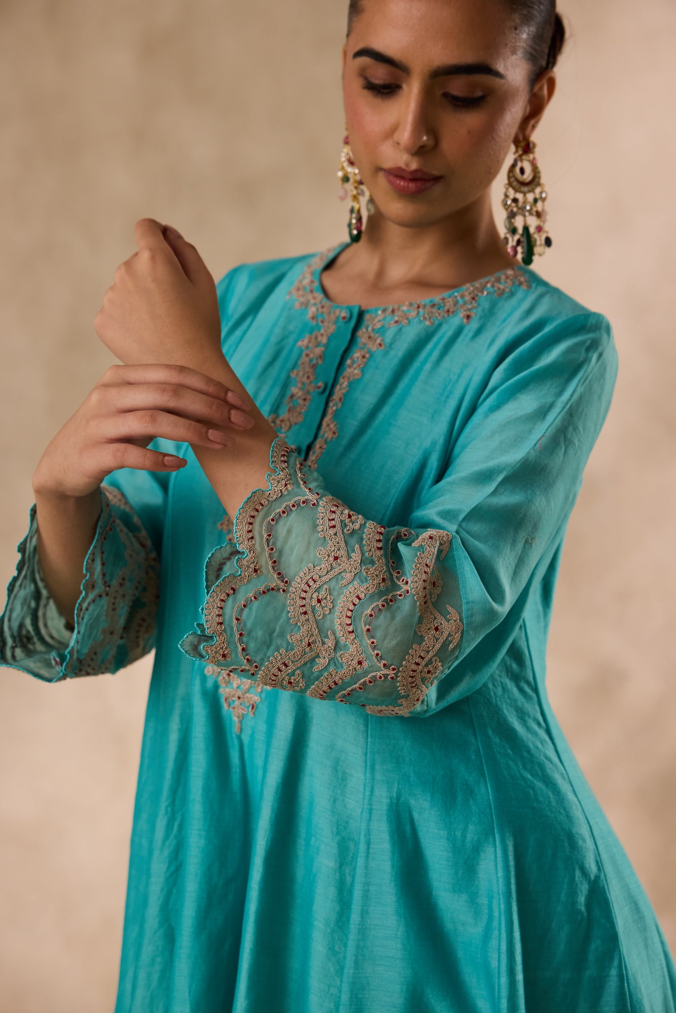 Sky blue chanderi dori work and french knot embroidered kurta paired with salwar & organza dupatta