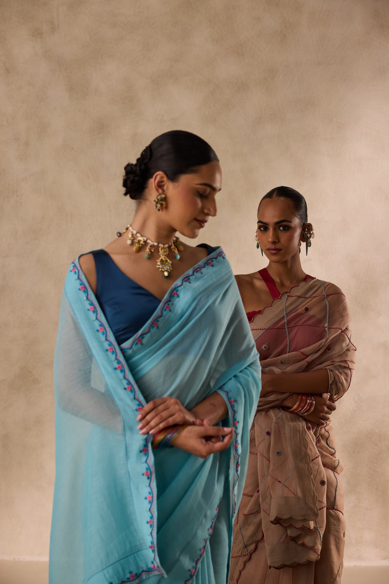 Sky blue chanderi scalloped embroidered saree comes with unstitched & unembroidered blouse fabric in chanderi