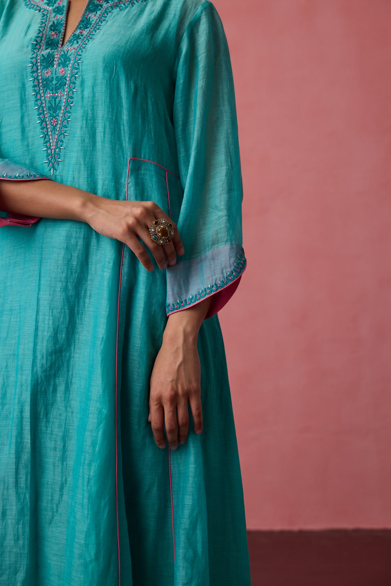 Sky blue - Pink embroidered chanderi kurta paired with pants & organza heavy border dupatta