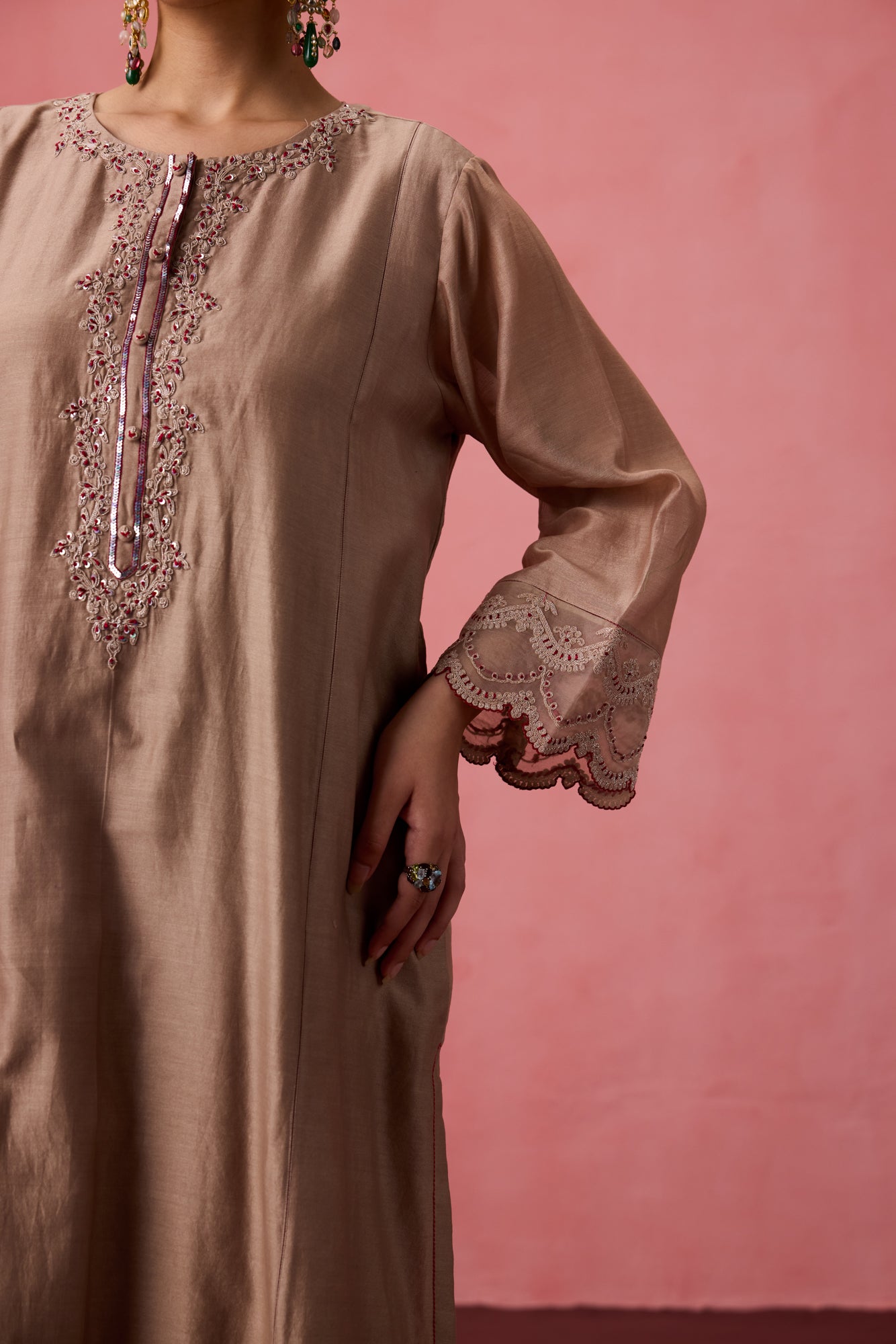 Champagne chanderi dori work  and resham embroidered kurta paired with pant & organza dupatta