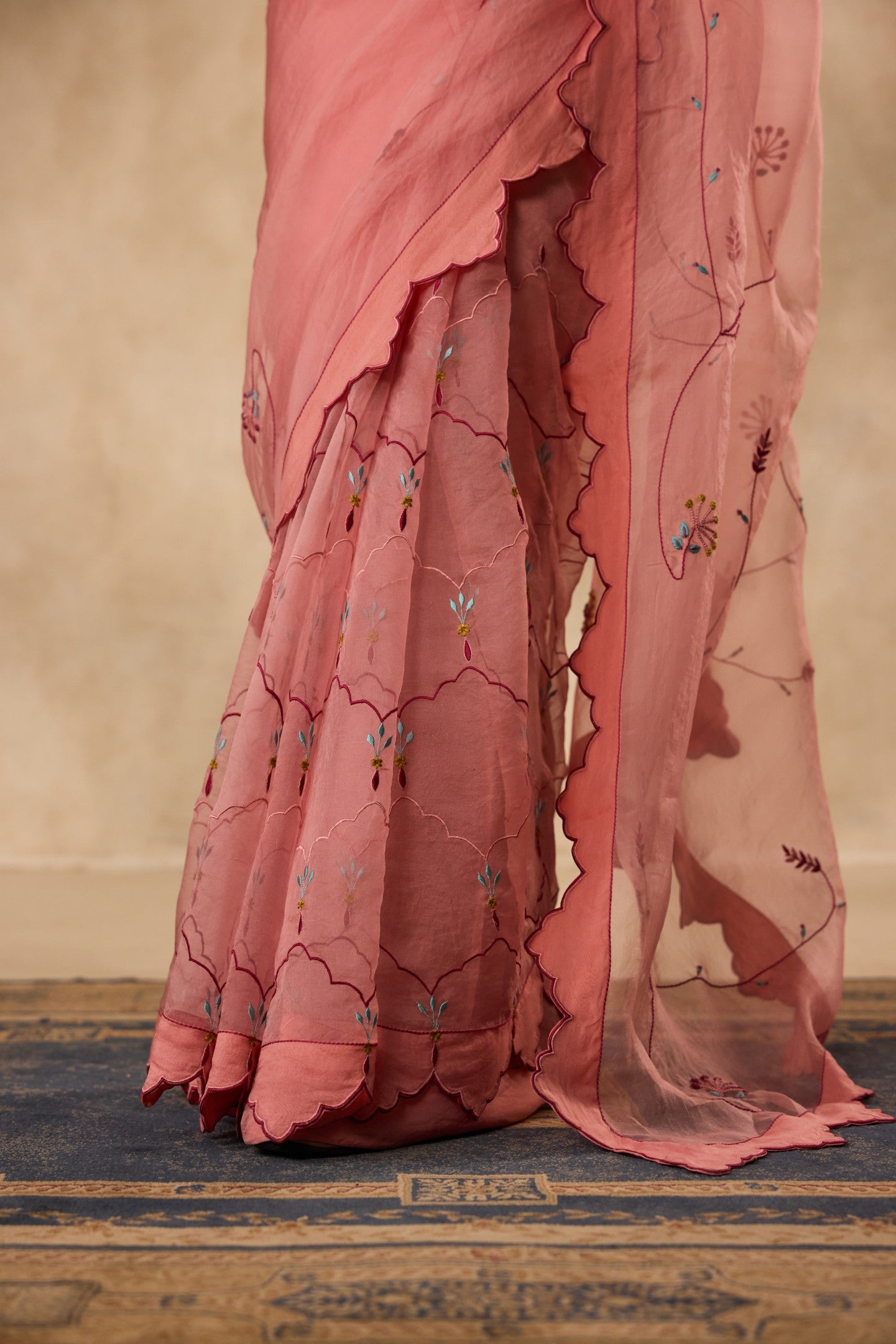 PEACH ORGANZA EMBROIDERED SAREE paired WITH UNSTITCHED CHANDERI BLOUSE FABRIC
