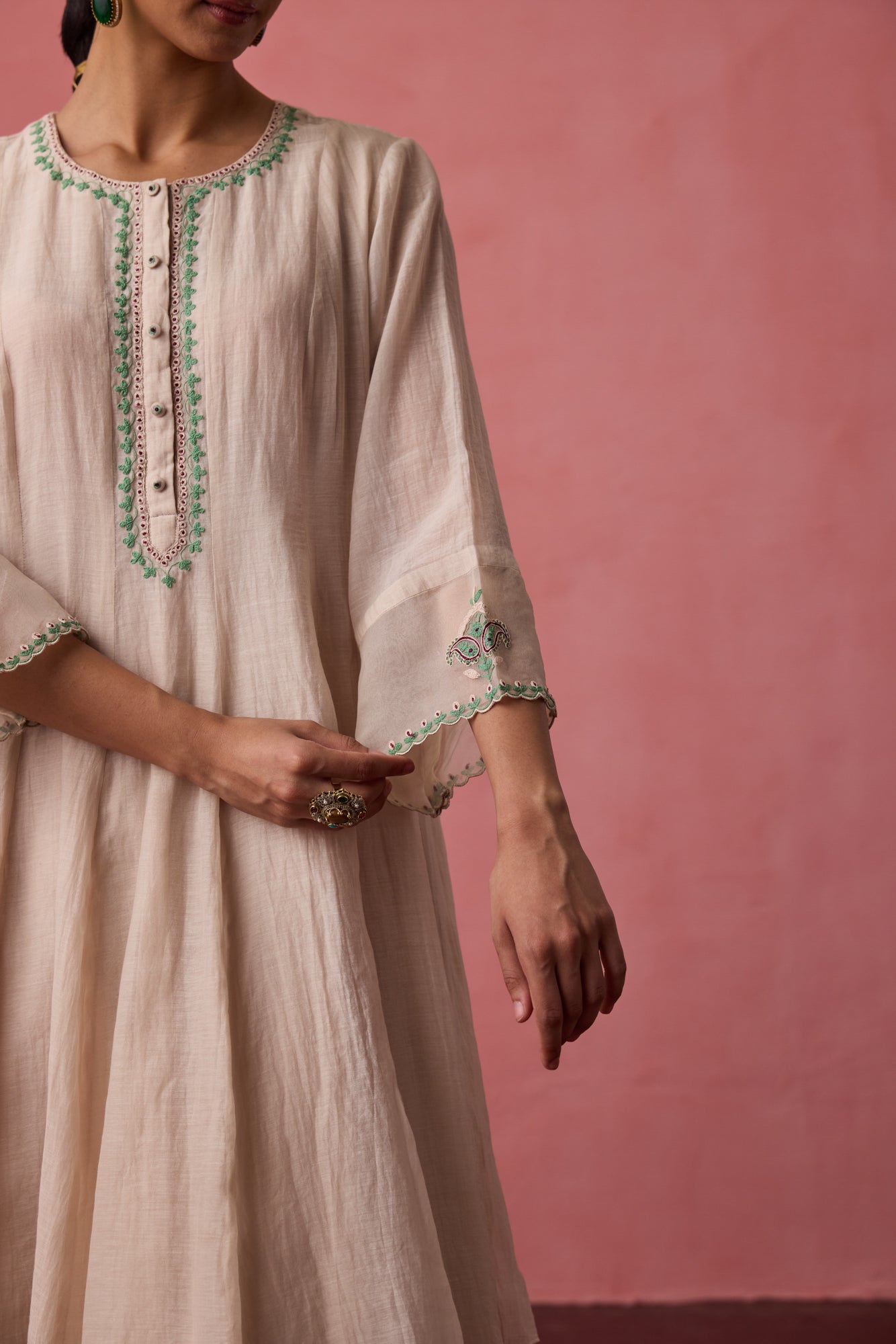 Ivory chanderi dori-Cross stitch embroidered anarkali with matching pants & organza dupatta