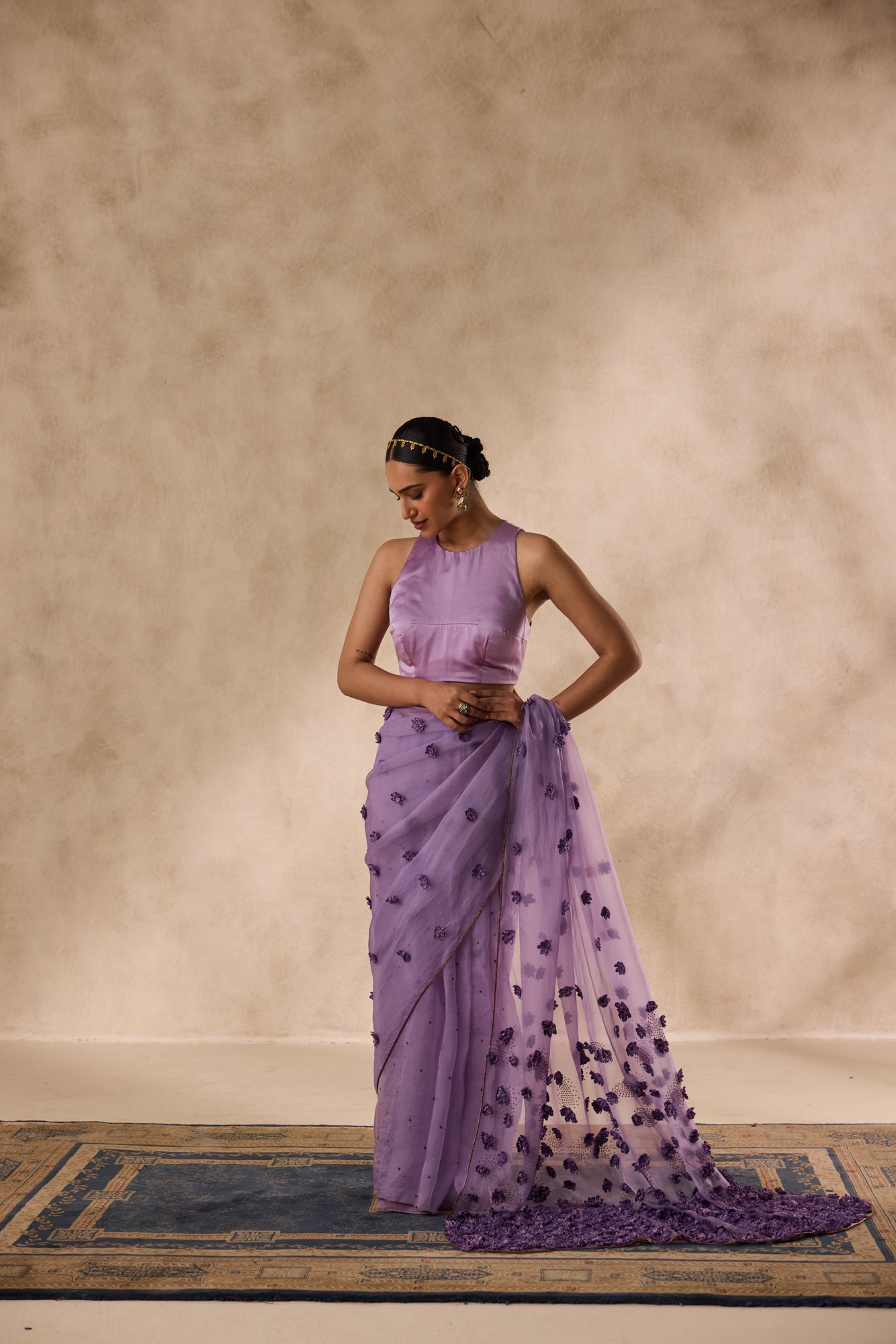 Lilac organza satin flower and beads embroidered saree comes with unstitched & unembroidered blouse fabric in chanderi