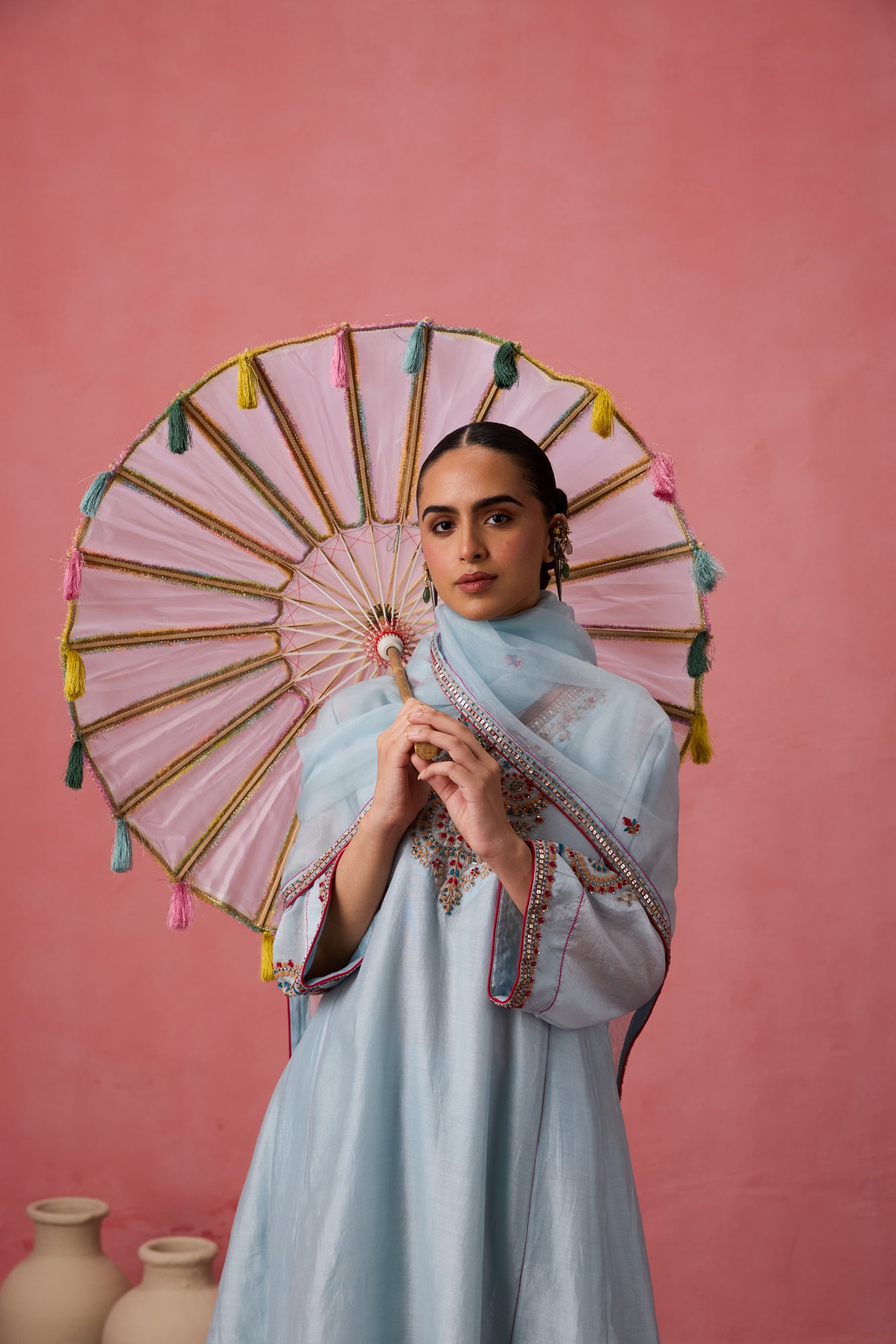 Sky blue chanderi dori work and french knot embroidered kurta paired with organic cotton slip, pant & organza dupatta