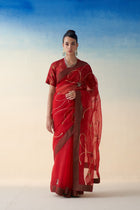 Red organza jaal embroidered saree