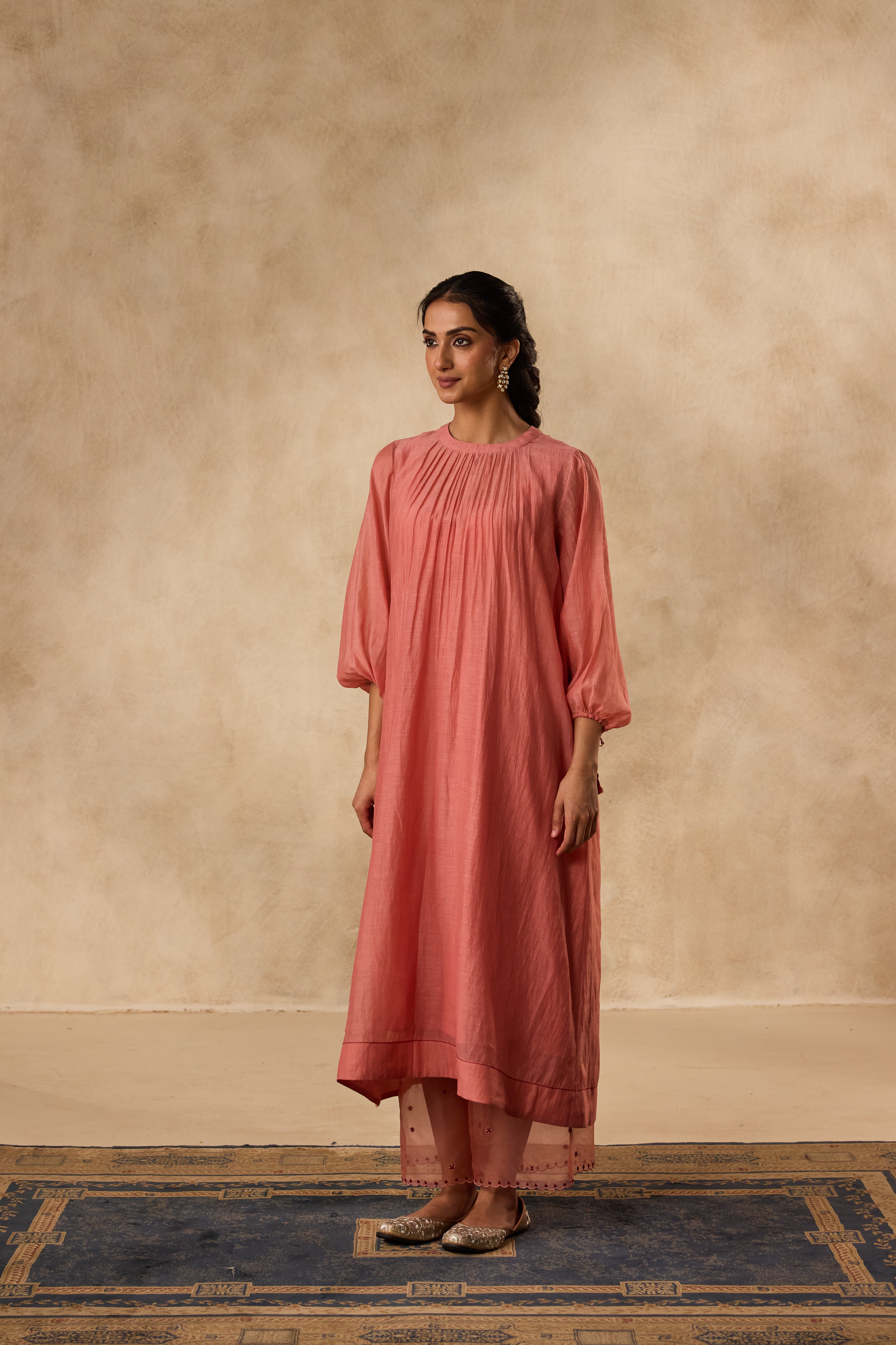 PEACH CHANDERI CROSS STICH EMBROIDERED TUNIC PAIRED WITH ORGANIC COTTON SLIP & MATCHING PANT & ORGANZA DUPATTA